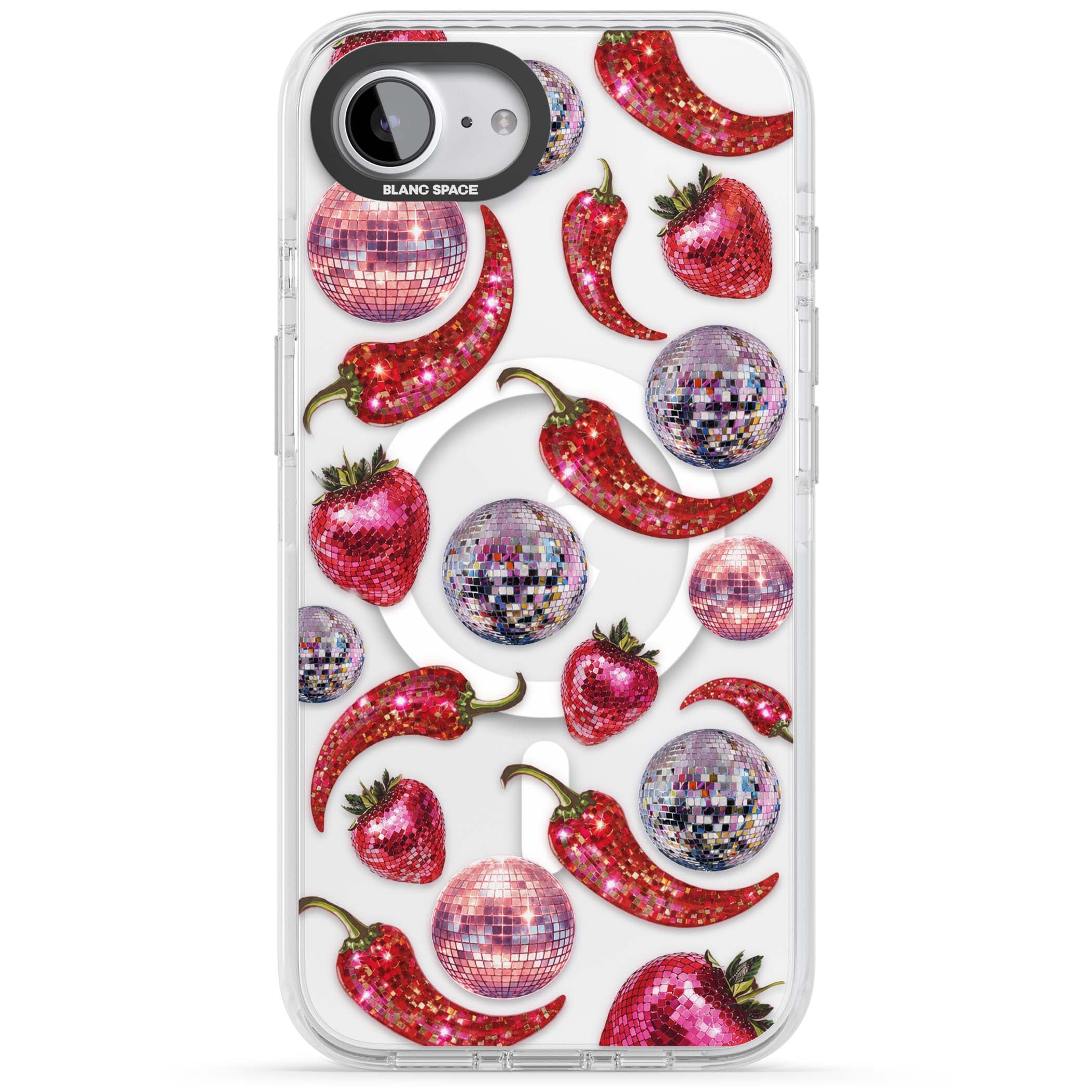 Spicy Disco Y2K iPhone case featuring glitter disco balls, sparkly strawberries and red chilli peppers | Impact Magsafe case for iPhone 16e, iPhone 17e