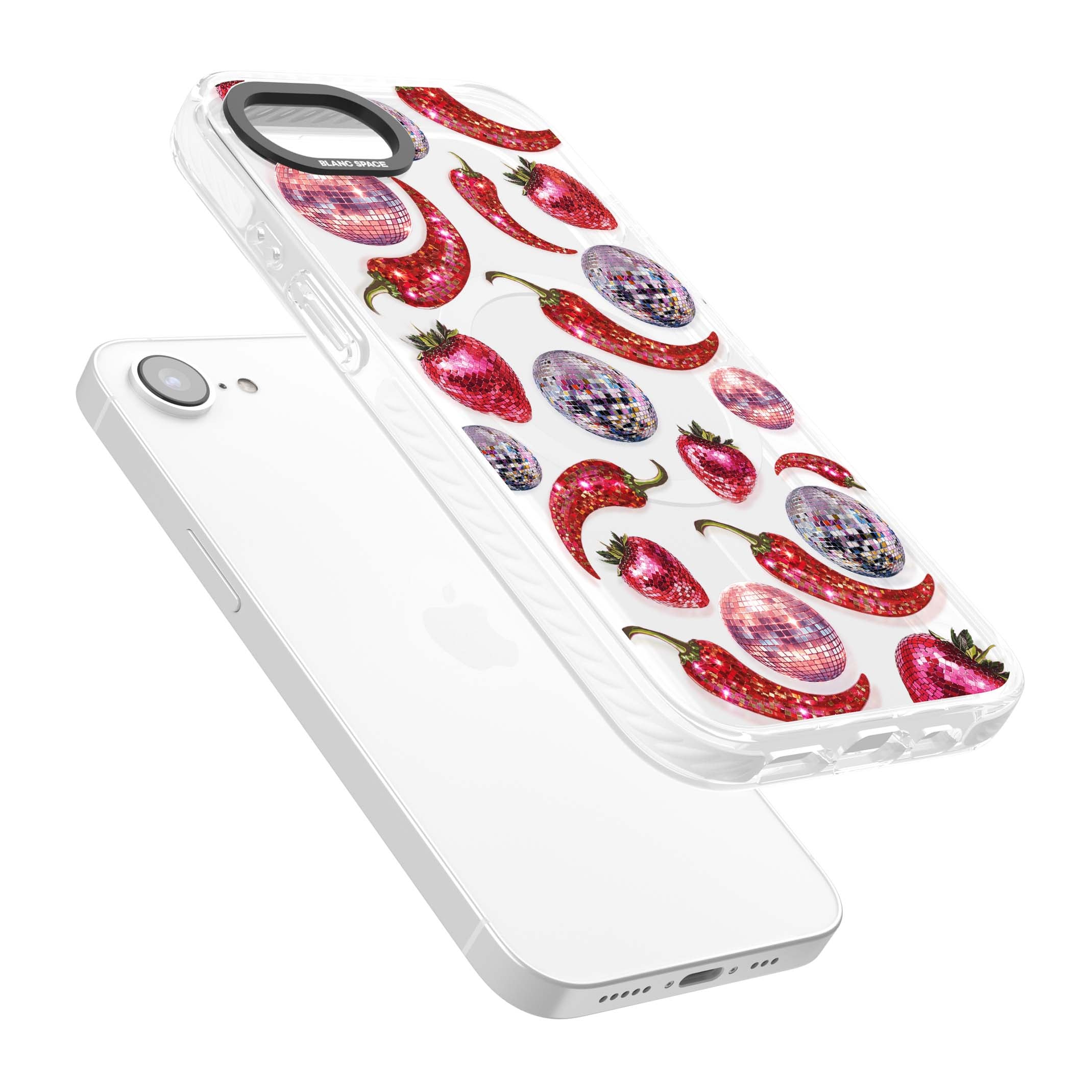 Spicy Disco Y2K iPhone case featuring glitter disco balls, sparkly strawberries and red chilli peppers | Impact Magsafe case for iPhone 16e, iPhone 17e