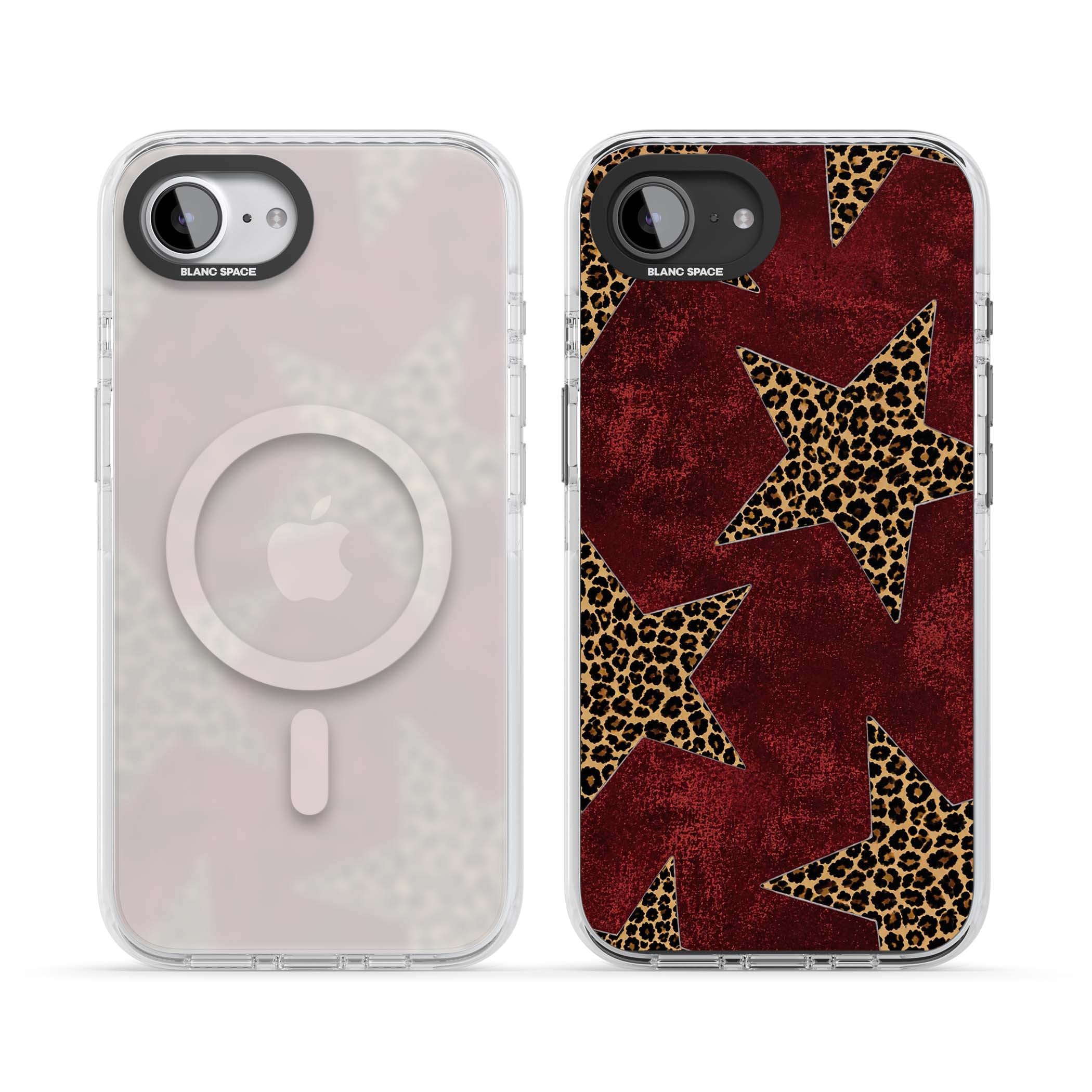 Showgirl leopard print iPhone case featuring cheetah print stars on distressed red grunge background | Impact Magsafe case for iPhone 16e, iPhone 17e