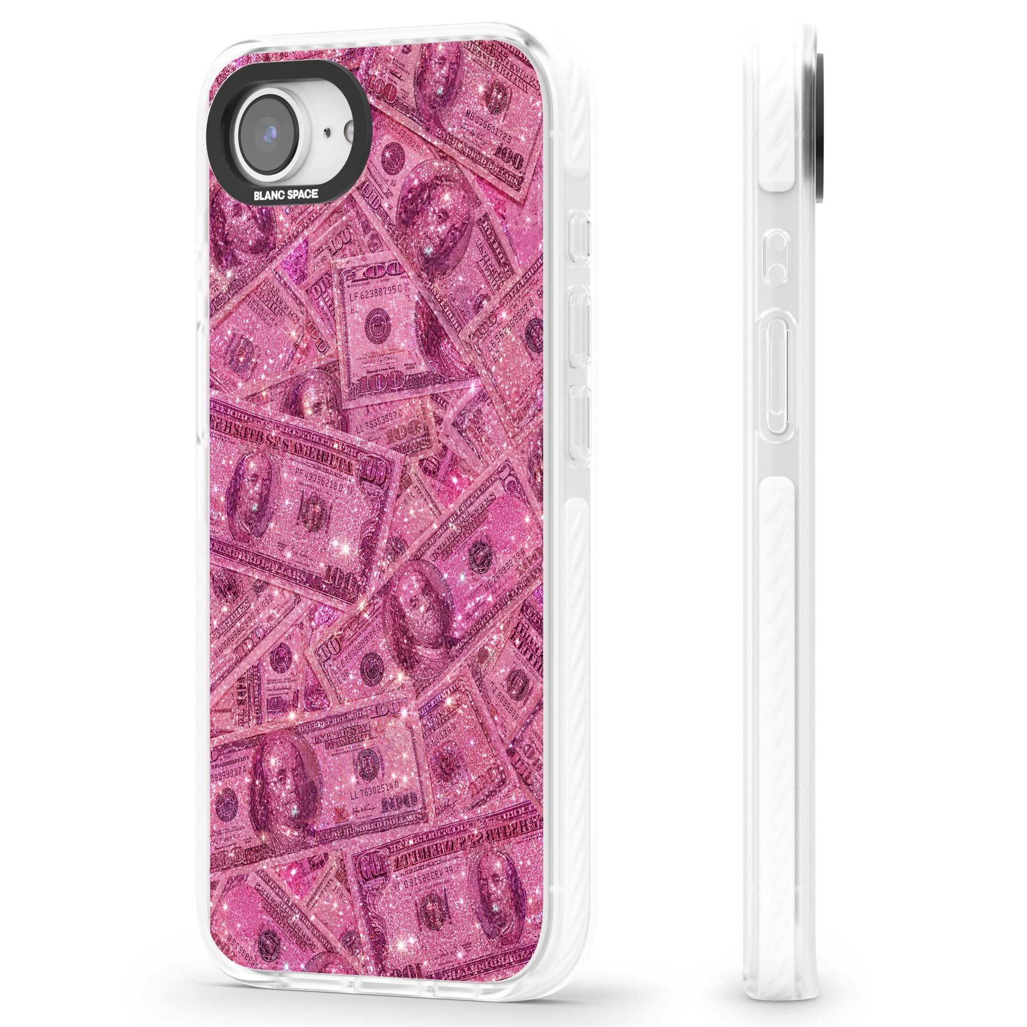 Glamorous baddie iPhone case featuring pink glitter hundred dollar bills and sparkling money wallpaper design | Impact Magsafe case for iPhone 16e, iPhone 17e