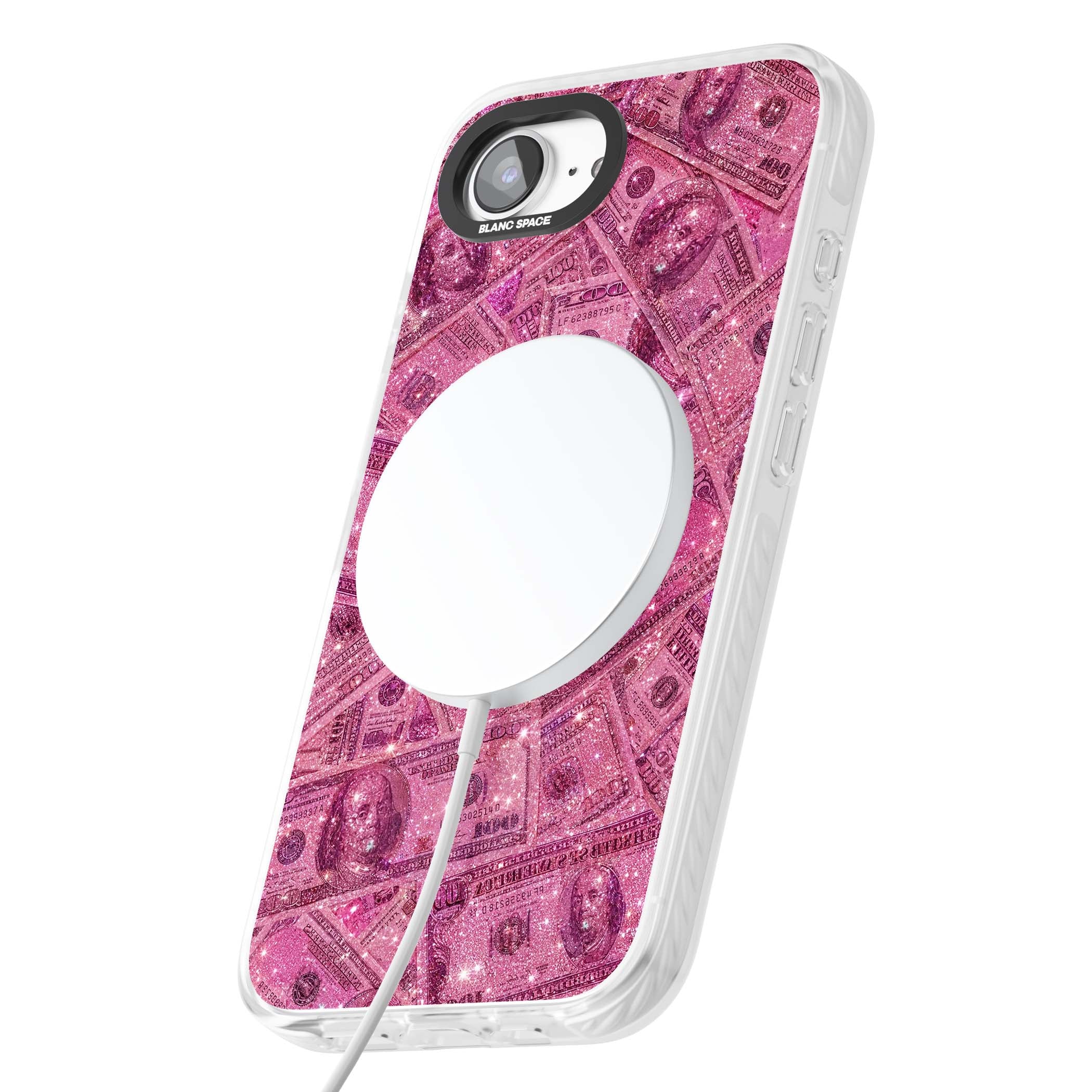 Glamorous baddie iPhone case featuring pink glitter hundred dollar bills and sparkling money wallpaper design | Impact Magsafe case for iPhone 16e, iPhone 17e