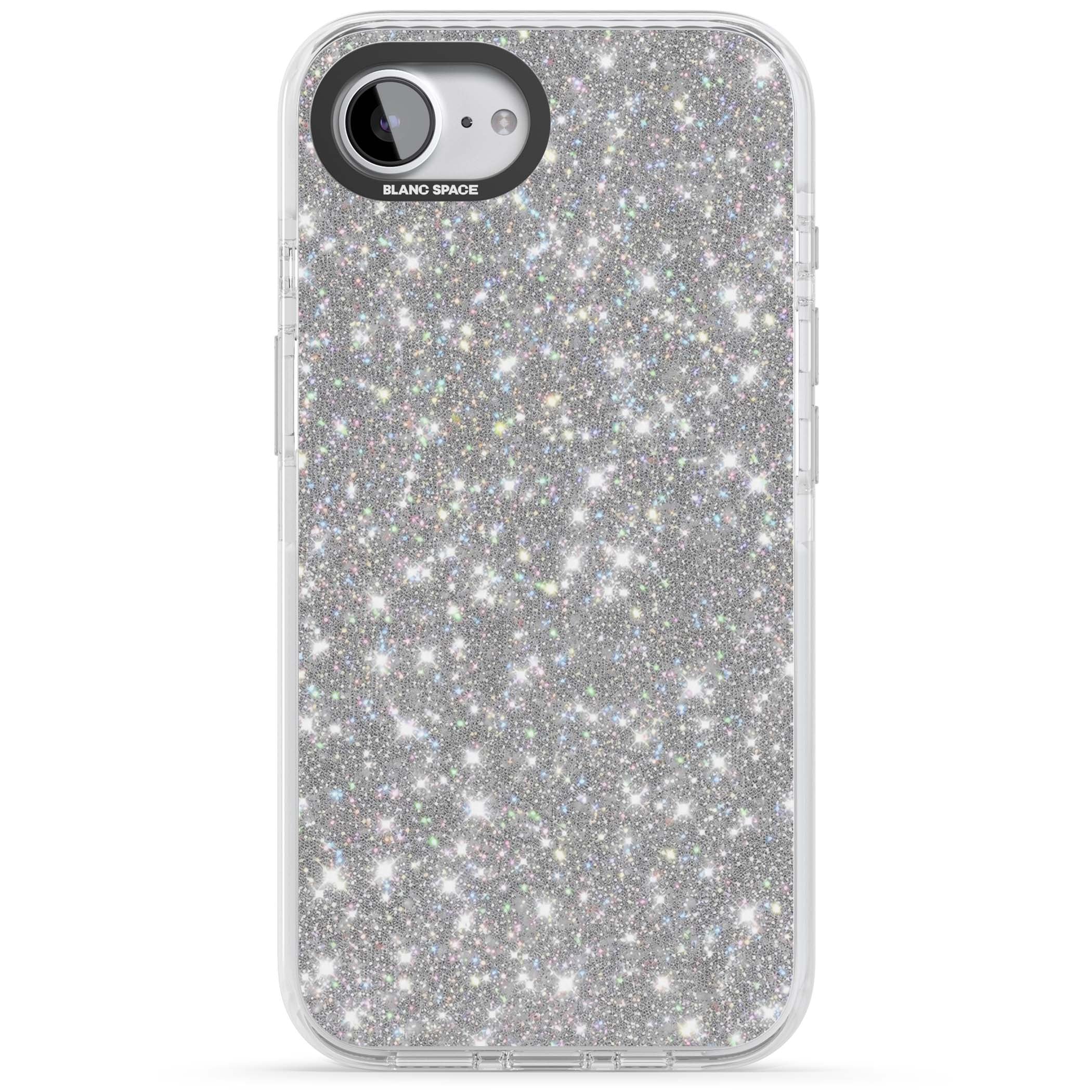 Diamond glam iPhone case featuring silver glitter sparkle and shimmering diamond dust effect | Impact Magsafe case for iPhone 16e, iPhone 17e