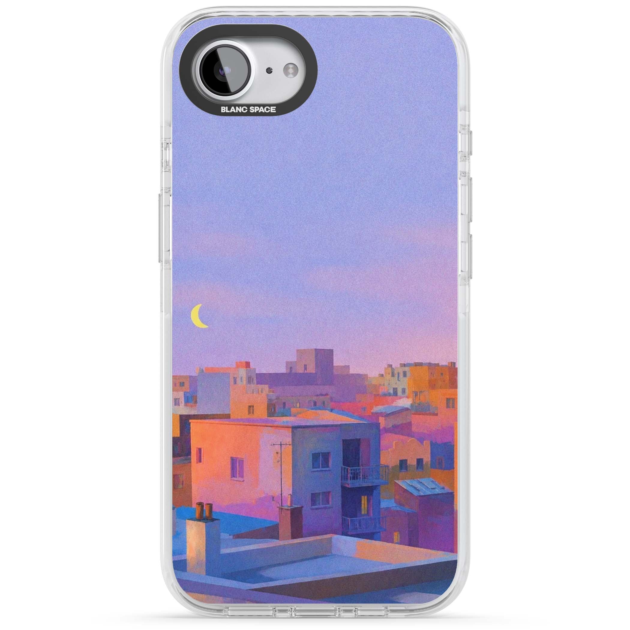 Twilight Rooftops vaporwave iPhone case featuring a pastel sunset cityscape, painted rooftops and a crescent moon. | Impact Magsafe case for iPhone 16e, iPhone 17e