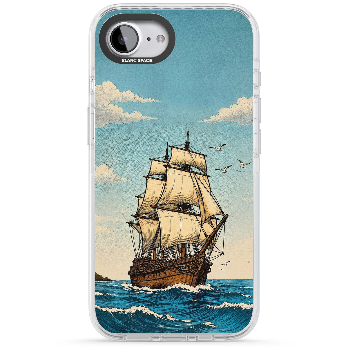 Ship at Sea nautical iPhone case featuring a vintage tall ship, ocean waves and seagulls | Impact Magsafe case for iPhone 16e, iPhone 17e