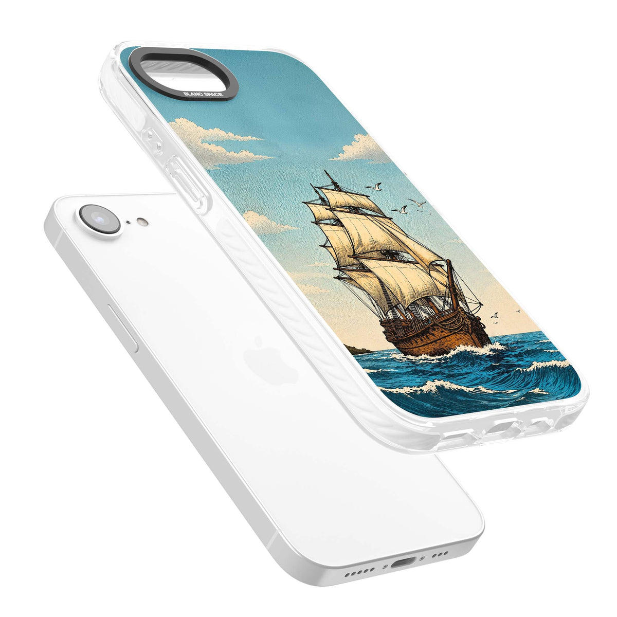 Ship at Sea nautical iPhone case featuring a vintage tall ship, ocean waves and seagulls | Impact Magsafe case for iPhone 16e, iPhone 17e