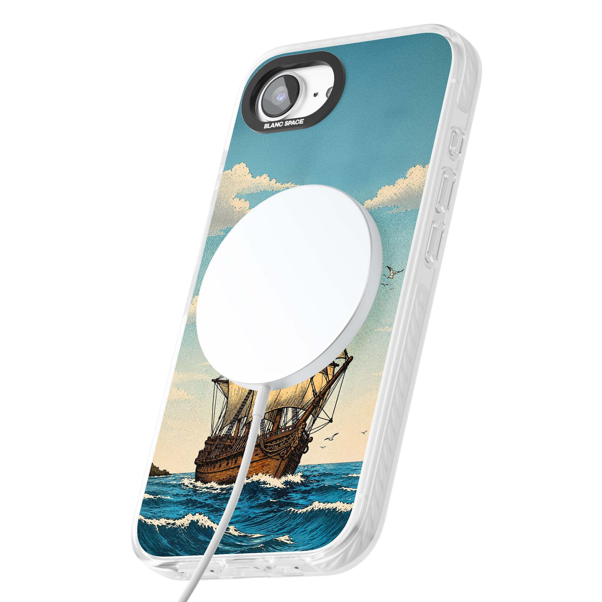 Ship at Sea nautical iPhone case featuring a vintage tall ship, ocean waves and seagulls | Impact Magsafe case for iPhone 16e, iPhone 17e