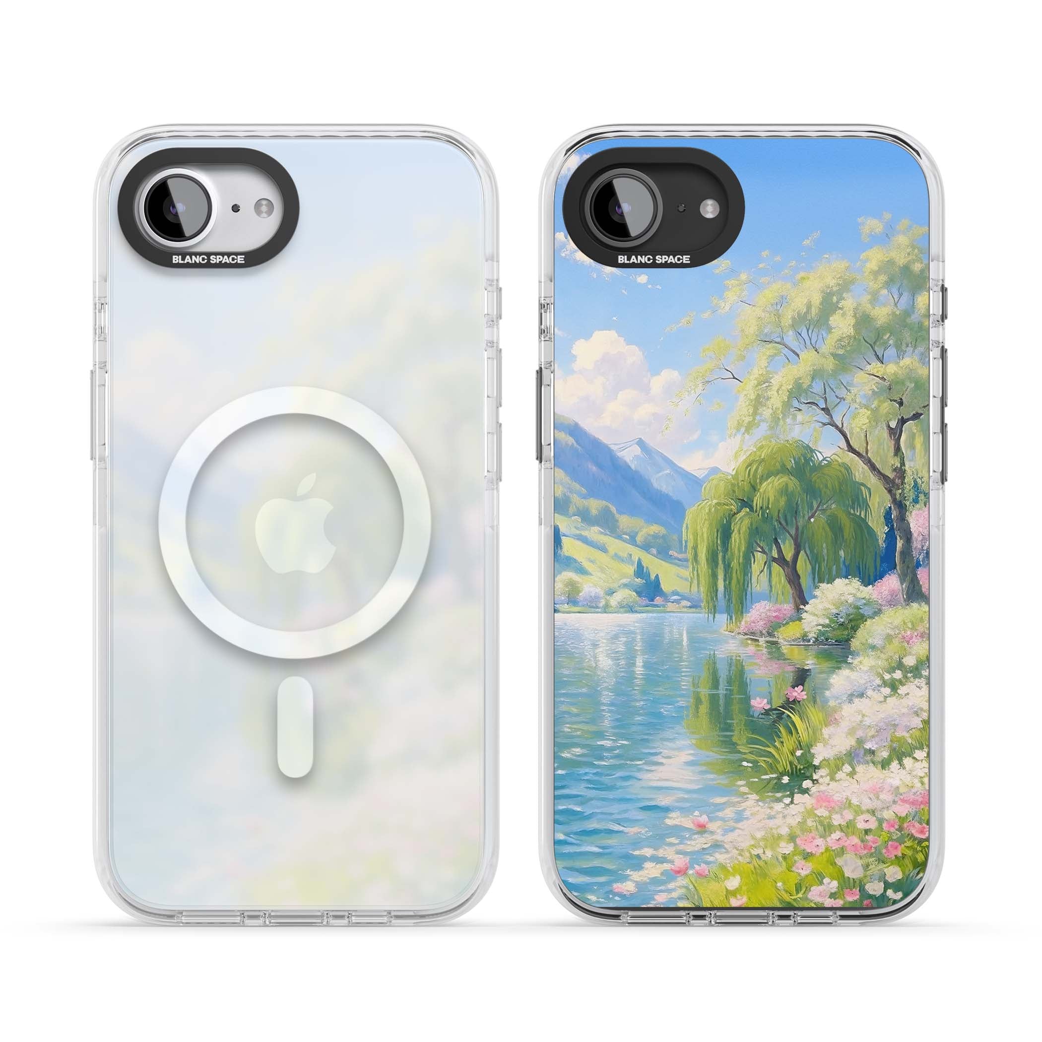 Willow Lake cottagecore iPhone case featuring a painted lakeside with weeping willow, blossoms and distant mountains | Impact Magsafe case for iPhone 16e, iPhone 17e