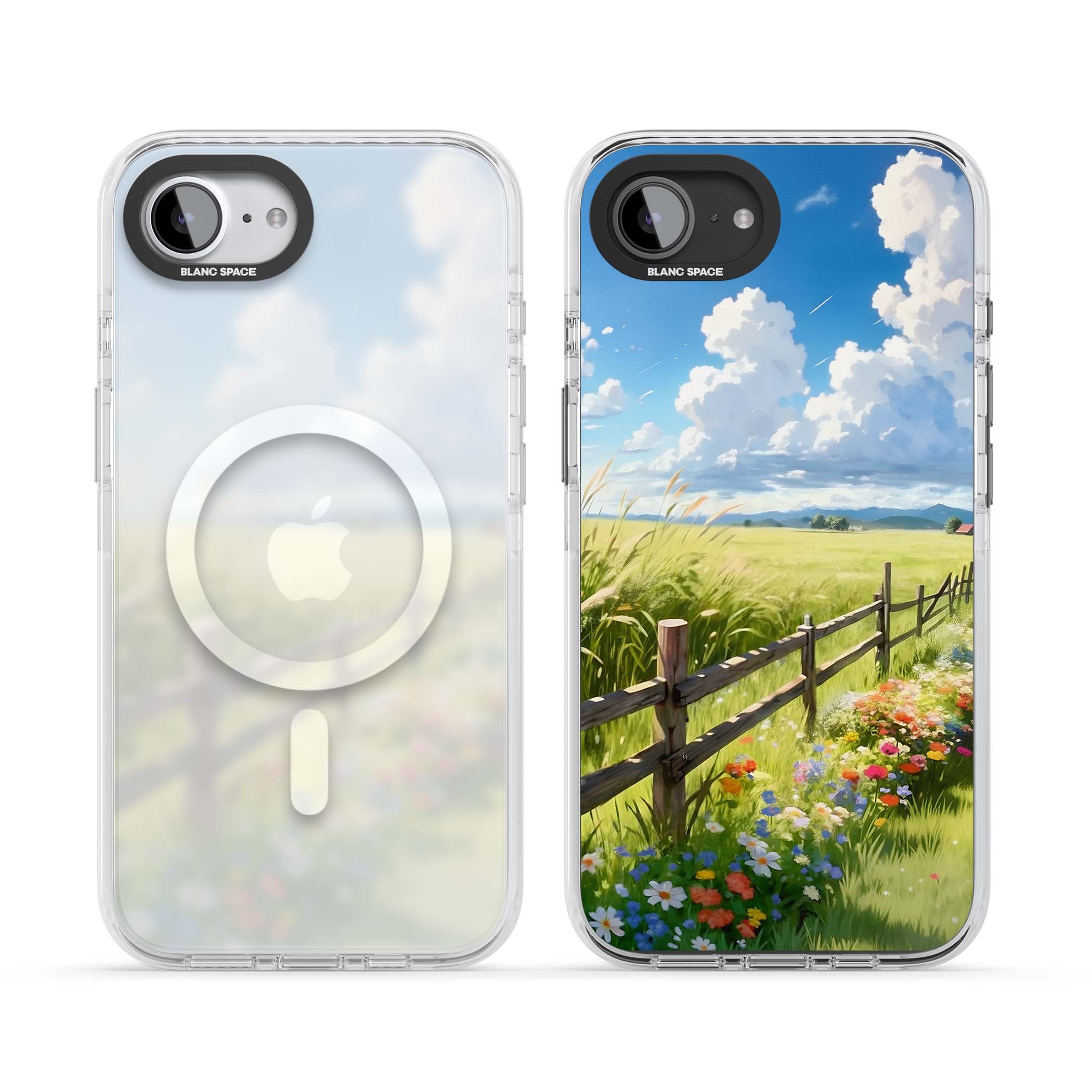 A Countryside Afternoon cottagecore iPhone case featuring a painted countryside meadow, wooden fence, and wildflowers beneath | Impact Magsafe case for iPhone 16e, iPhone 17e