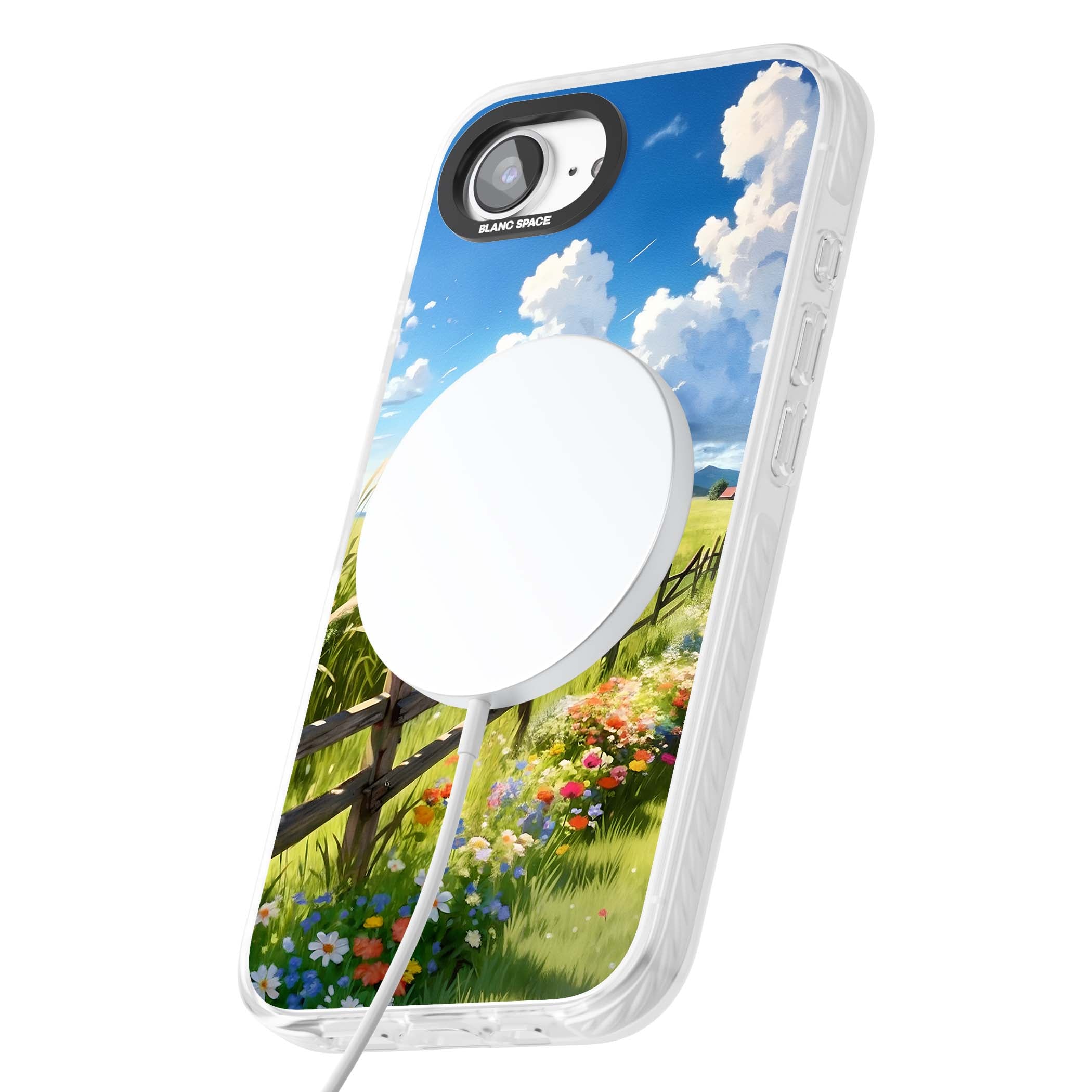 A Countryside Afternoon cottagecore iPhone case featuring a painted countryside meadow, wooden fence, and wildflowers beneath | Impact Magsafe case for iPhone 16e, iPhone 17e