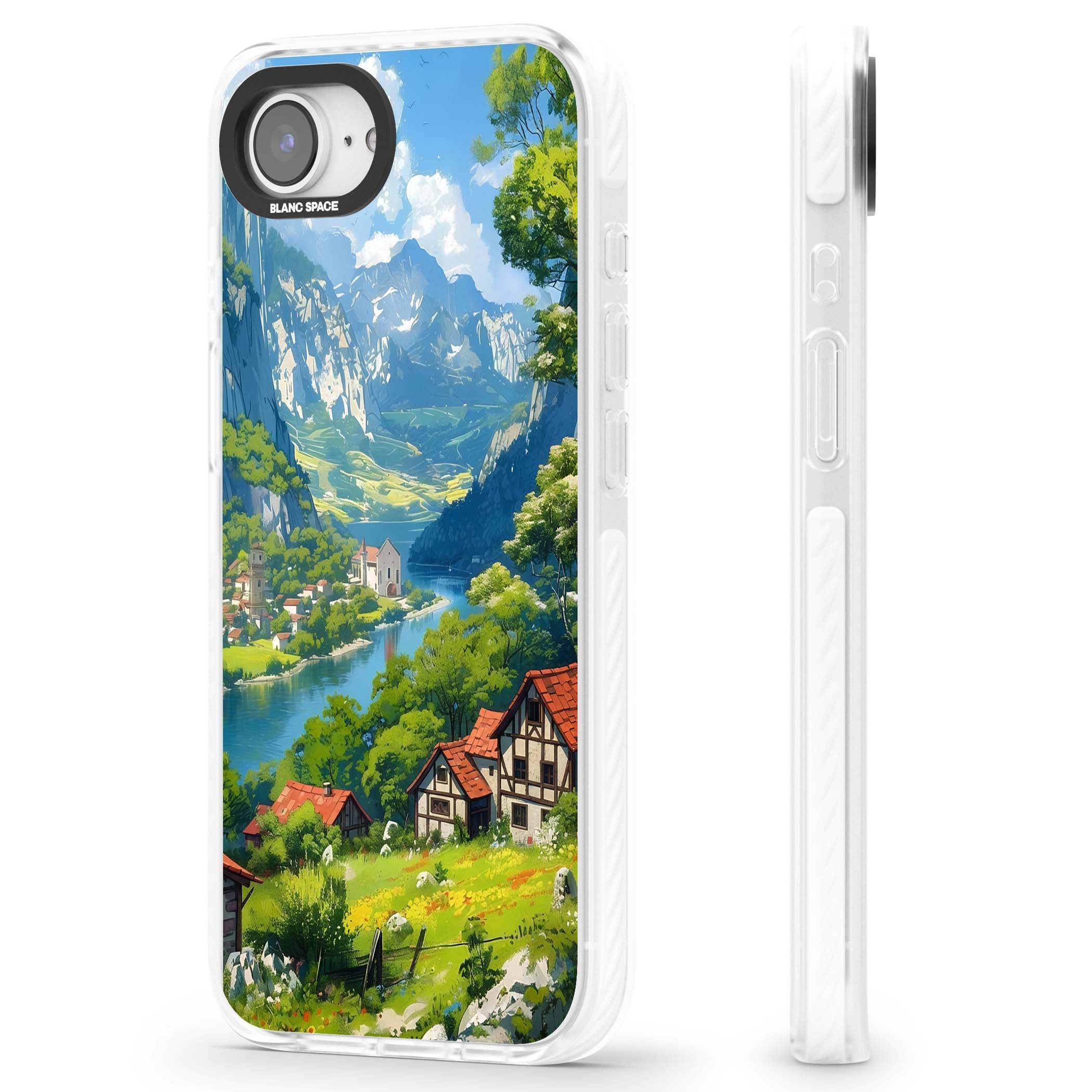 Village In The Valley anime iPhone case featuring a painted mountain village, river valley and half-timbered cottages. | Impact Magsafe case for iPhone 16e, iPhone 17e