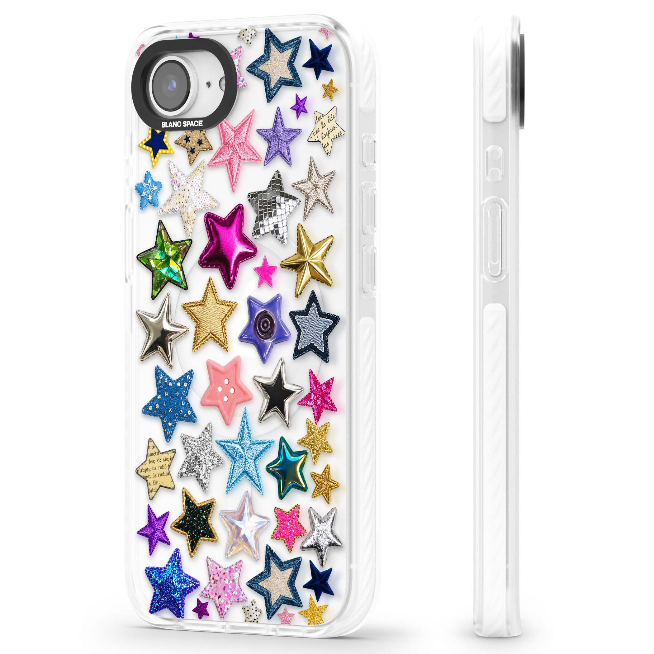 Crafty Star Mix Y2K iPhone case featuring embroidered, sequinned and glitter star patches in rainbow colours | Impact Magsafe case for iPhone 16e, iPhone 17e