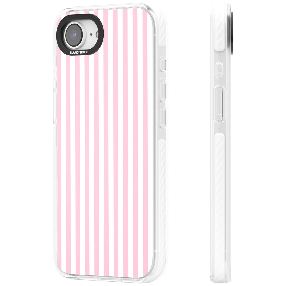 Pink Stripe preppy iPhone case featuring soft pastel pink and white vertical candy stripes iPhone 16e / iPhone 16E / iPhone 17e Impact Pro Clear Phone Case side