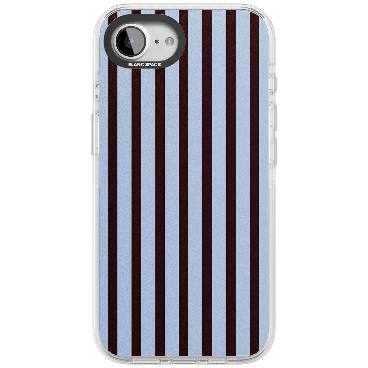 Blackcurrant Stripe preppy iPhone case featuring vertical burgundy and light blue stripes in a classic pinstripe layout iPhone 16e / iPhone 16E / iPhone 17e Impact Pro Clear Phone Case front