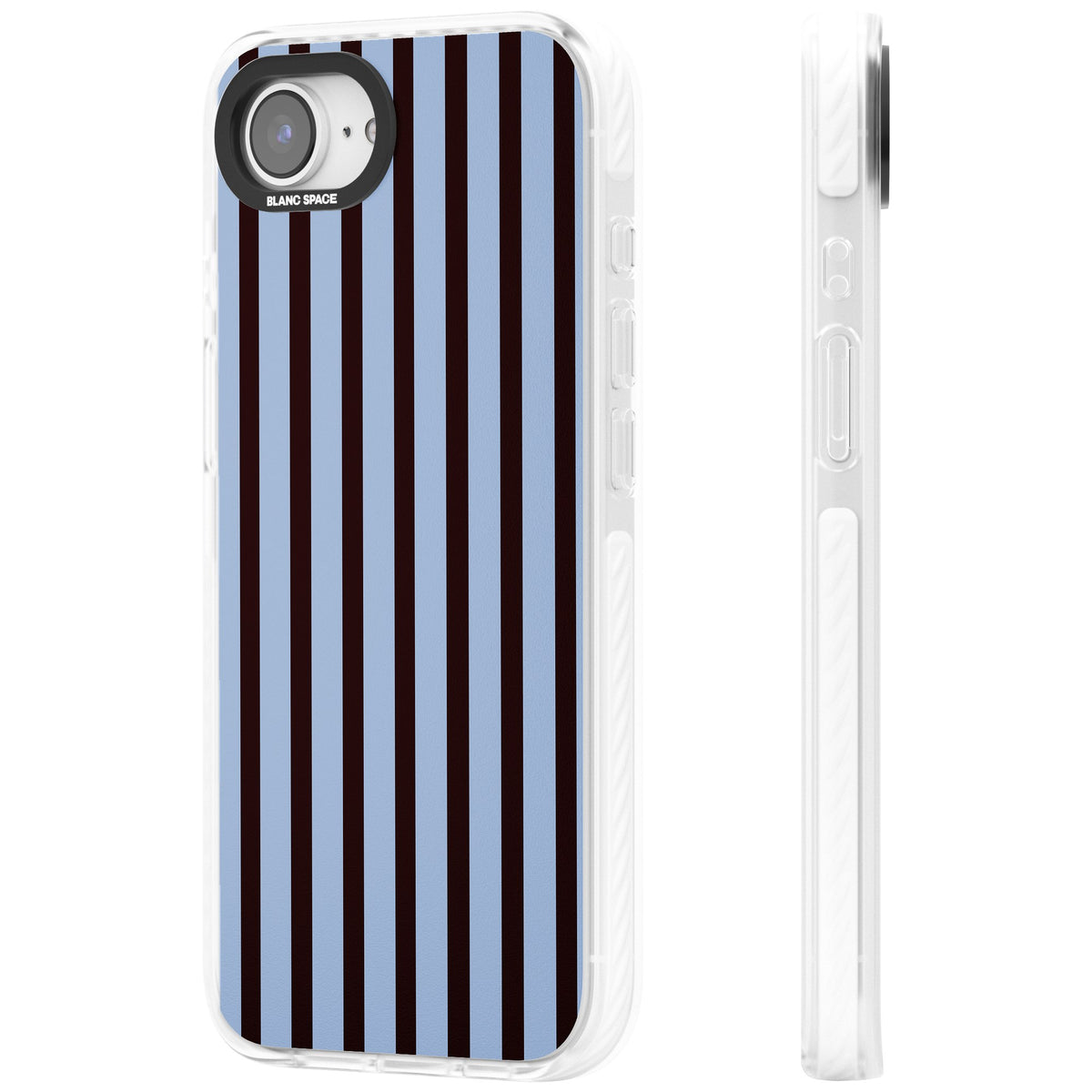 Blackcurrant Stripe preppy iPhone case featuring vertical burgundy and light blue stripes in a classic pinstripe layout iPhone 16e / iPhone 16E / iPhone 17e Impact Pro Clear Phone Case side