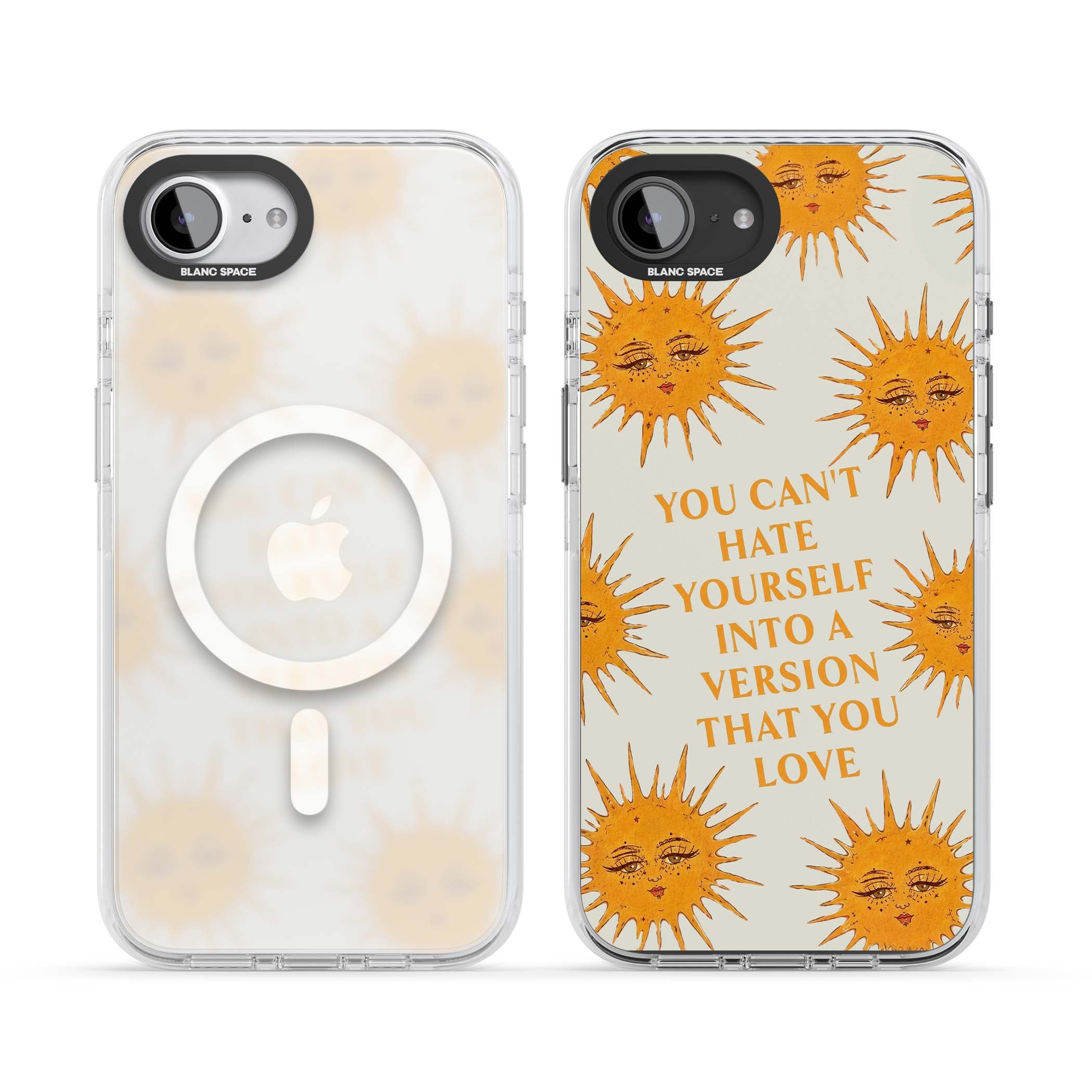 Don't Hate Yourself celestial iPhone case featuring vintage sun faces, ochre rays and a self-love quote | Impact Magsafe case for iPhone 16e, iPhone 17e