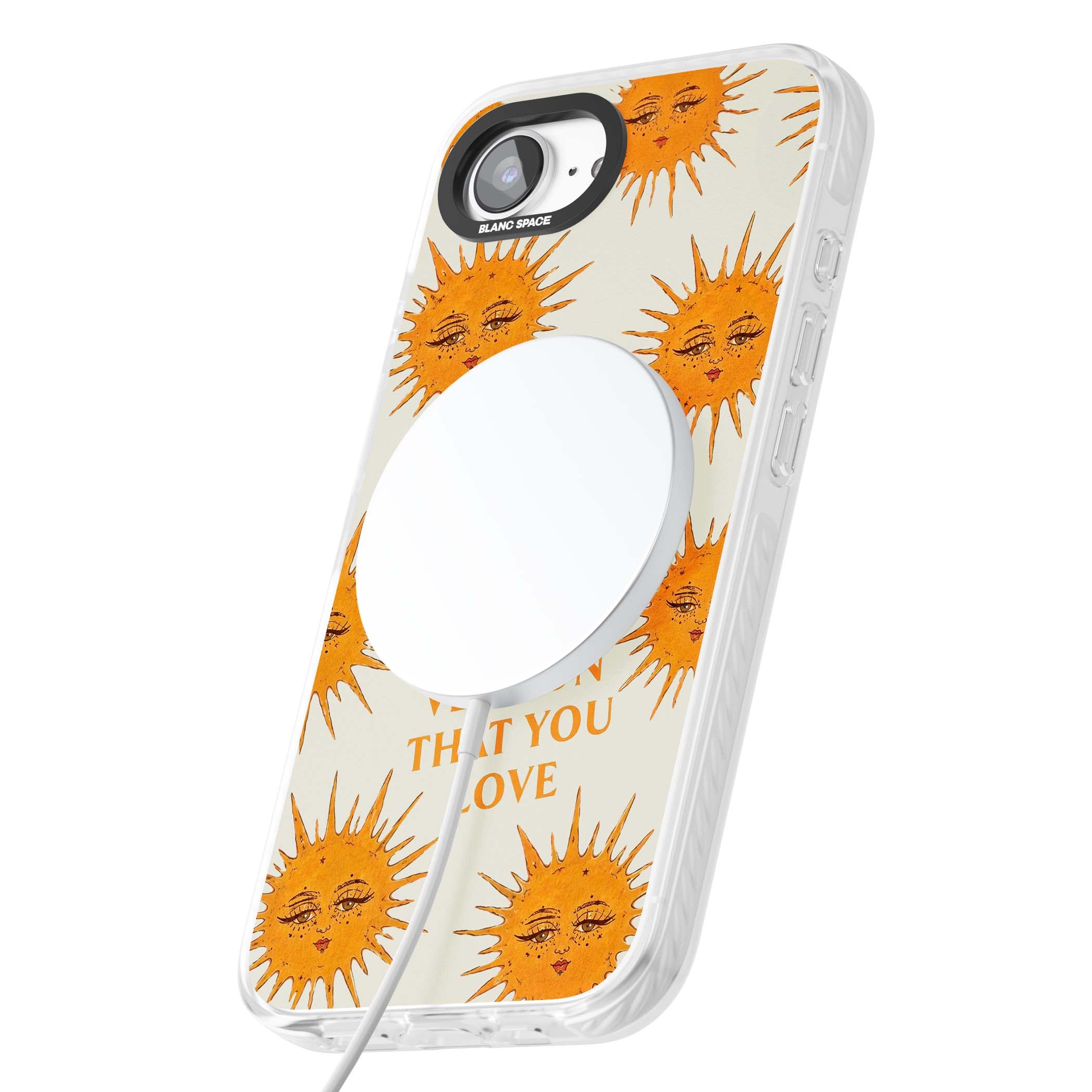 Don't Hate Yourself celestial iPhone case featuring vintage sun faces, ochre rays and a self-love quote | Impact Magsafe case for iPhone 16e, iPhone 17e
