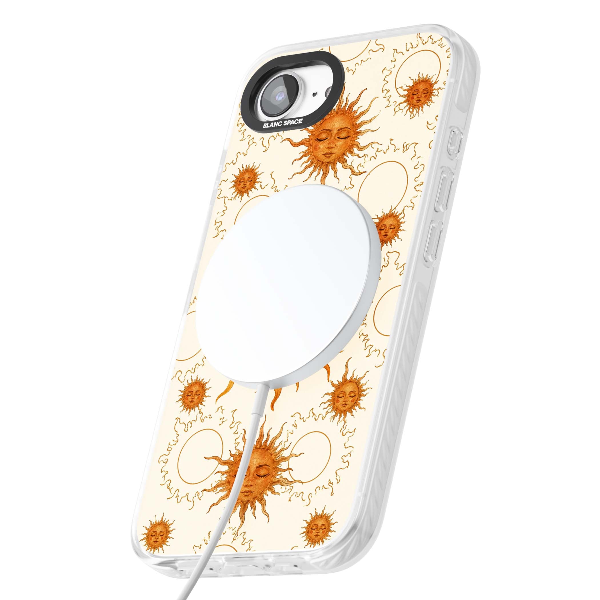 Solstice Muse celestial iPhone case featuring hand-painted golden sun faces, closed-eye sun goddesses and outlined moons... | Impact Magsafe case for iPhone 16e, iPhone 17e