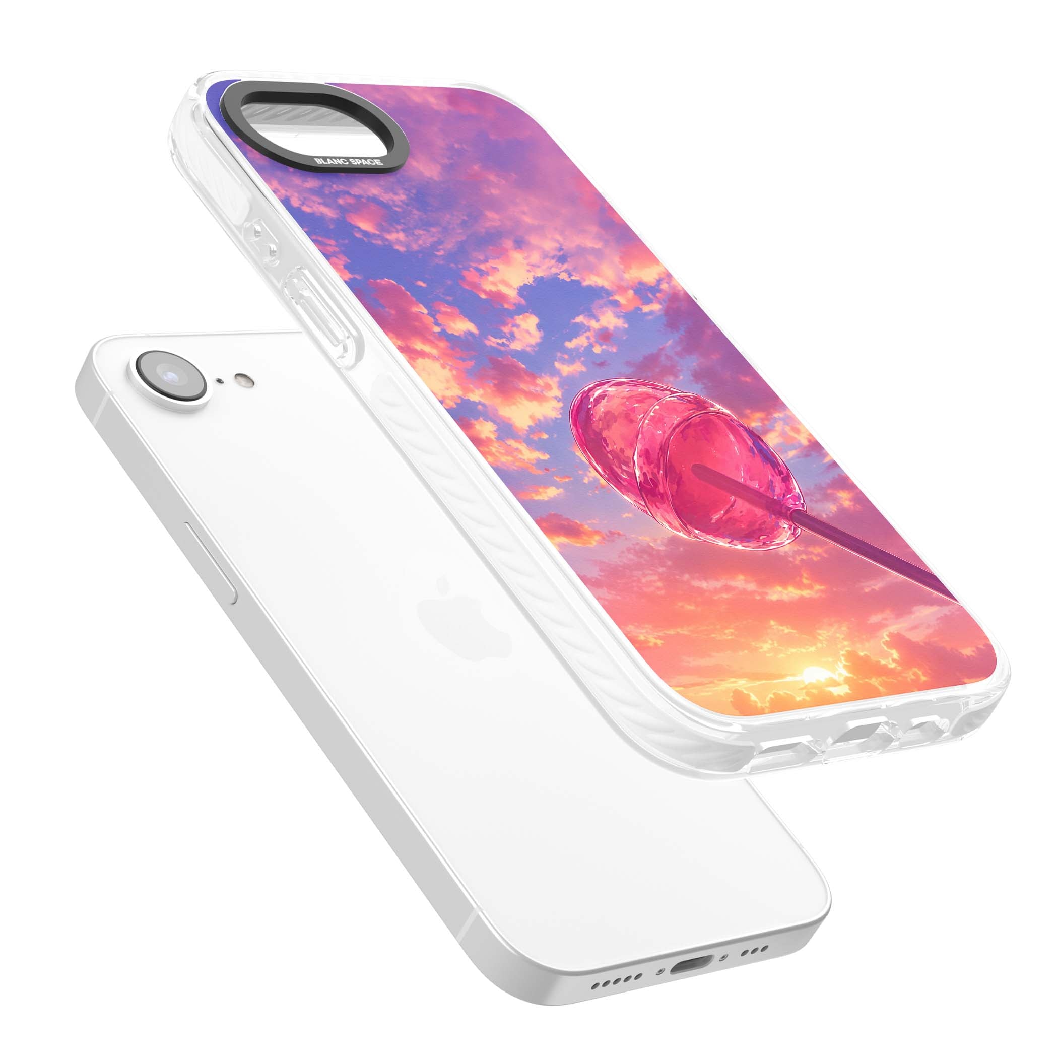 Sugar Sunset candy aesthetic iPhone case featuring a pink lollipop, pastel sunset sky and dreamy clouds | Impact Magsafe case for iPhone 16e, iPhone 17e