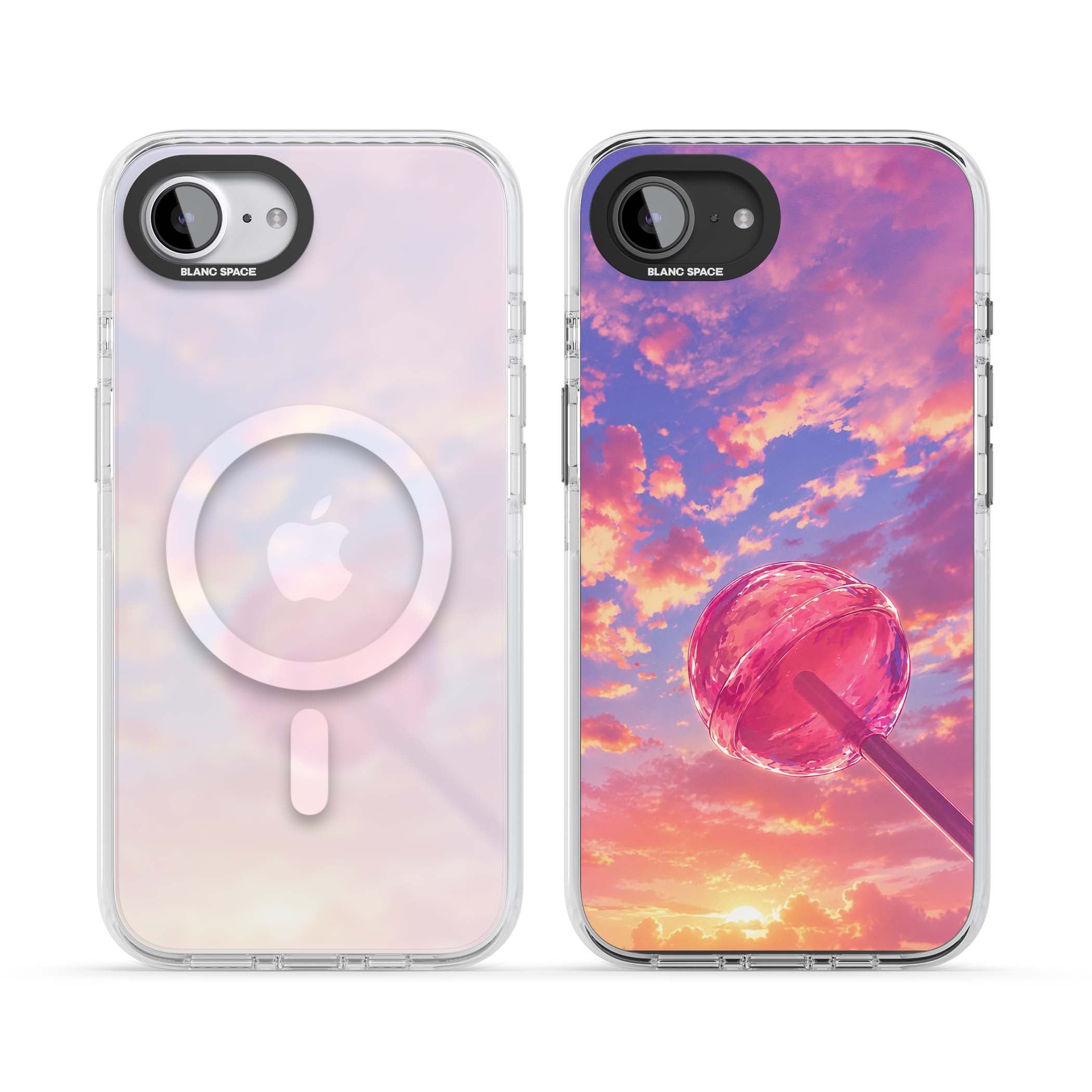 Sugar Sunset candy aesthetic iPhone case featuring a pink lollipop, pastel sunset sky and dreamy clouds | Impact Magsafe case for iPhone 16e, iPhone 17e