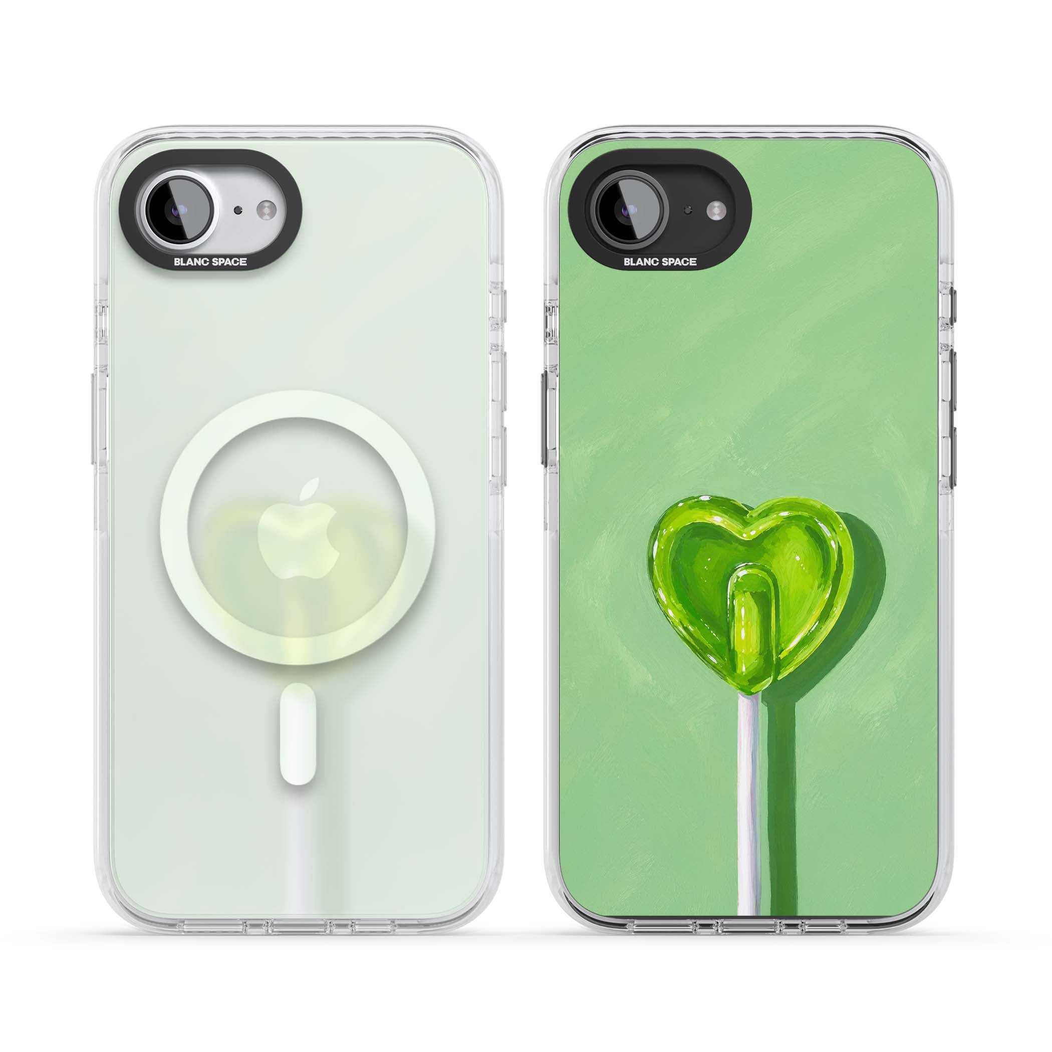 Green Lollipop candy art iPhone case featuring a glossy green heart-shaped lollipop on a painted pastel green background | Impact Magsafe case for iPhone 16e, iPhone 17e