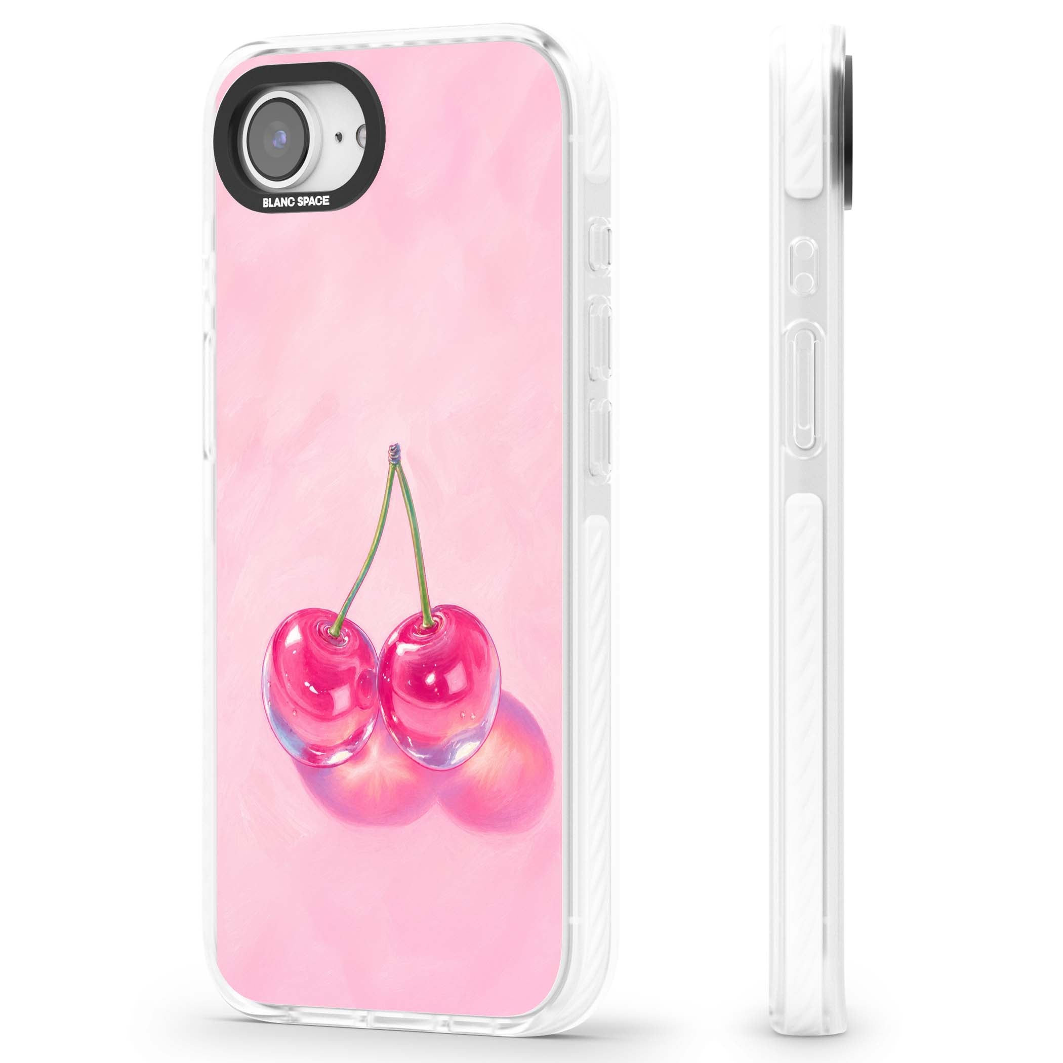Pink Glass Cherry coquette iPhone case featuring two glossy painted cherries on a soft pink background | Impact Magsafe case for iPhone 16e, iPhone 17e