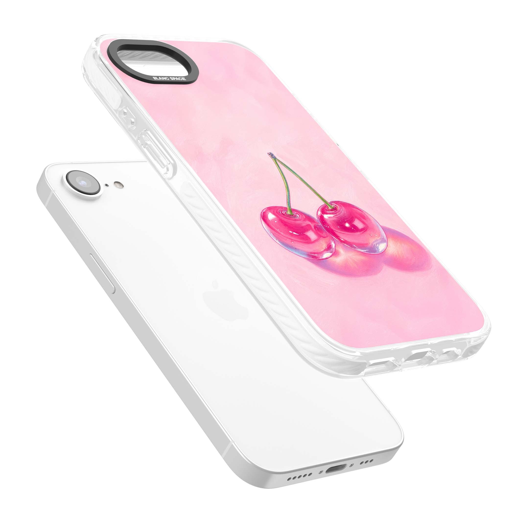 Pink Glass Cherry coquette iPhone case featuring two glossy painted cherries on a soft pink background | Impact Magsafe case for iPhone 16e, iPhone 17e