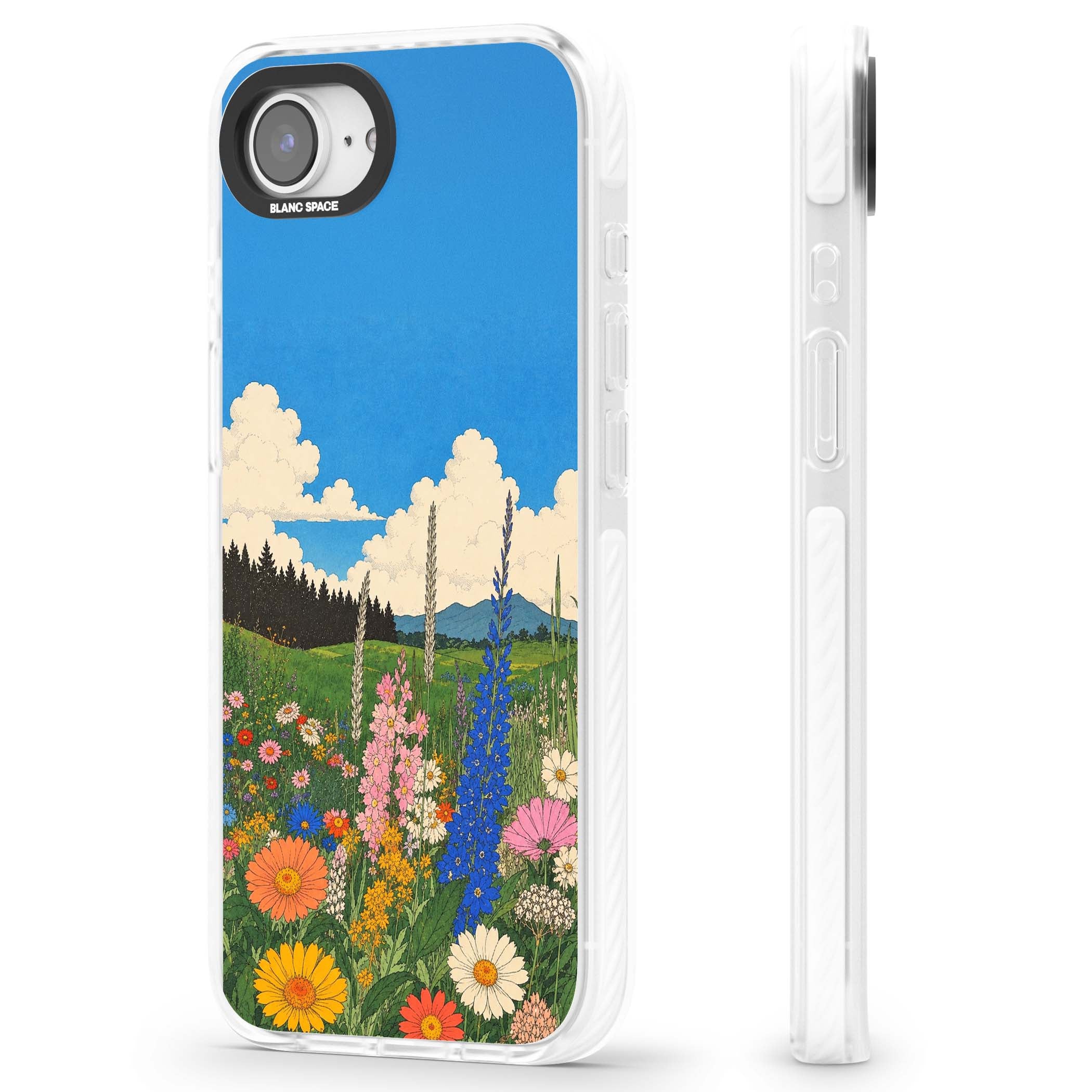 Wildbloom wildflower iPhone case featuring a vintage Japanese-style meadow landscape with daisies, delphiniums and moun | Impact Magsafe case for iPhone 16e, iPhone 17e