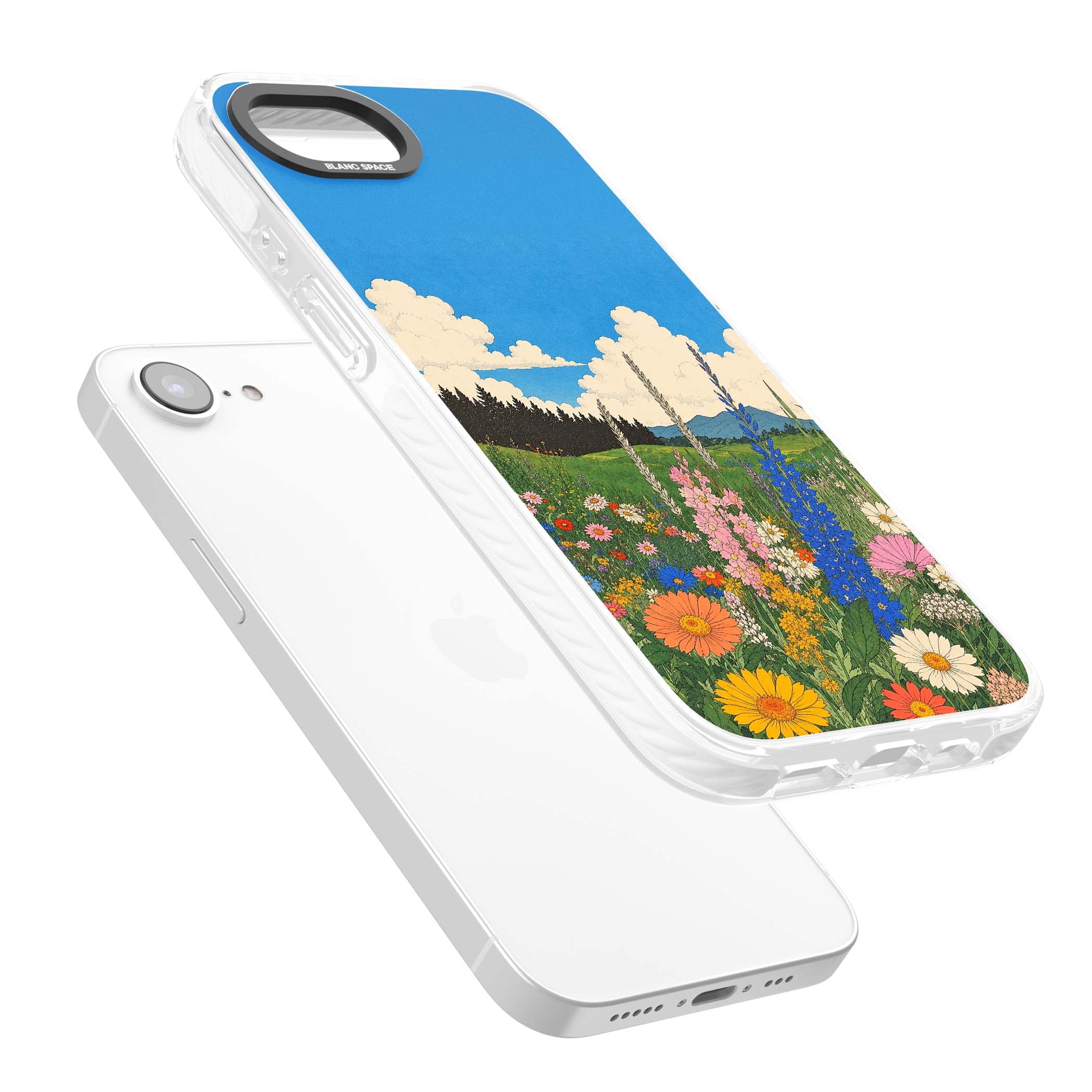 Wildbloom wildflower iPhone case featuring a vintage Japanese-style meadow landscape with daisies, delphiniums and moun | Impact Magsafe case for iPhone 16e, iPhone 17e