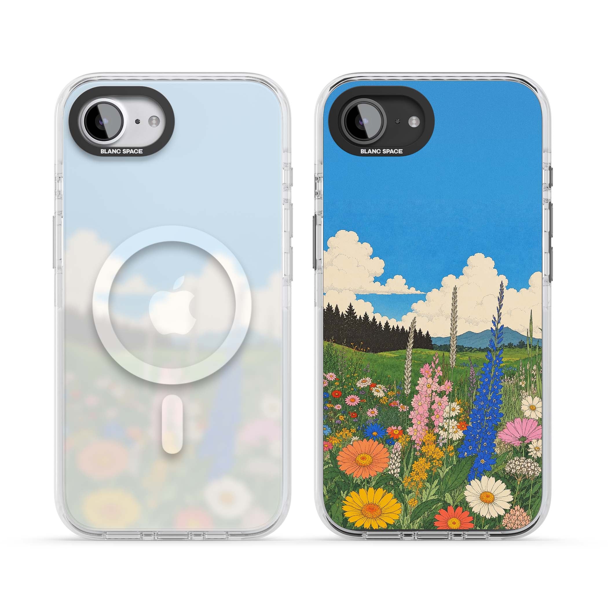 Wildbloom wildflower iPhone case featuring a vintage Japanese-style meadow landscape with daisies, delphiniums and moun | Impact Magsafe case for iPhone 16e, iPhone 17e