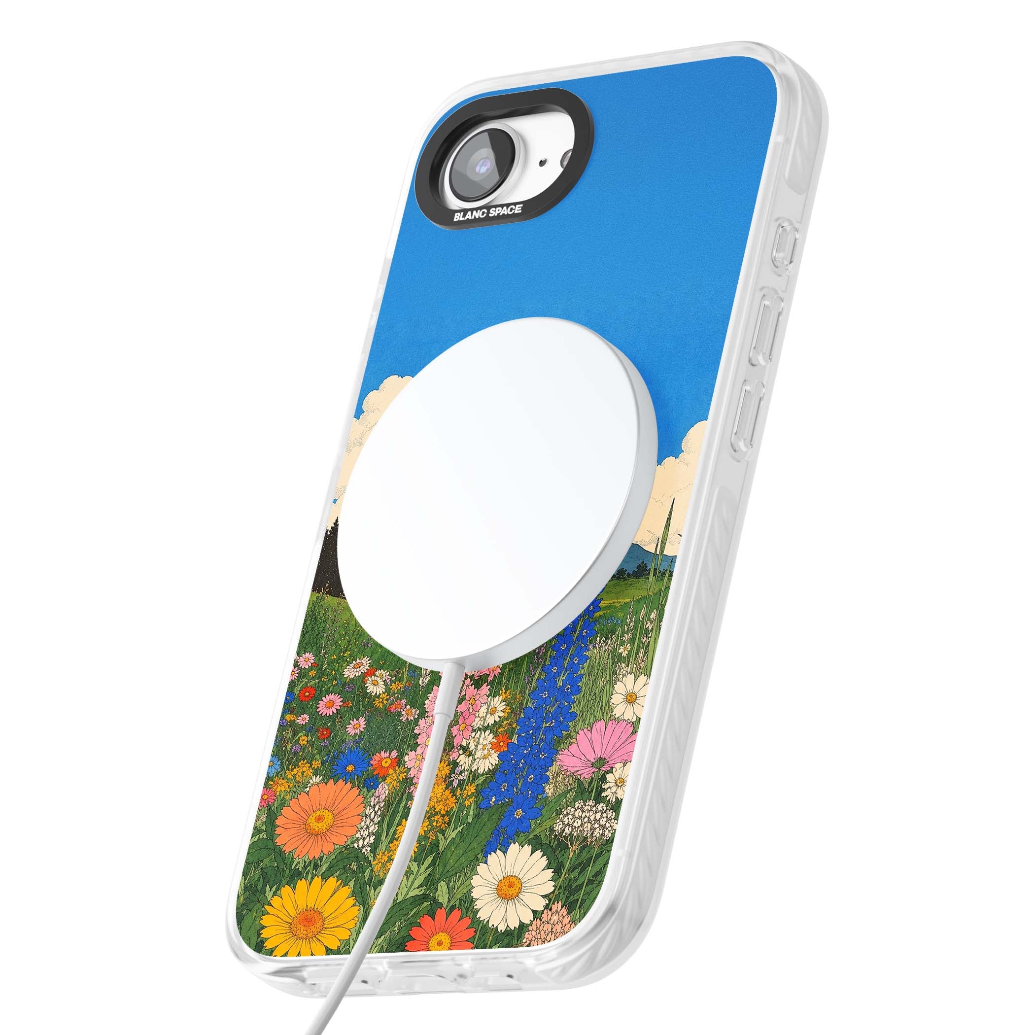 Wildbloom wildflower iPhone case featuring a vintage Japanese-style meadow landscape with daisies, delphiniums and moun | Impact Magsafe case for iPhone 16e, iPhone 17e