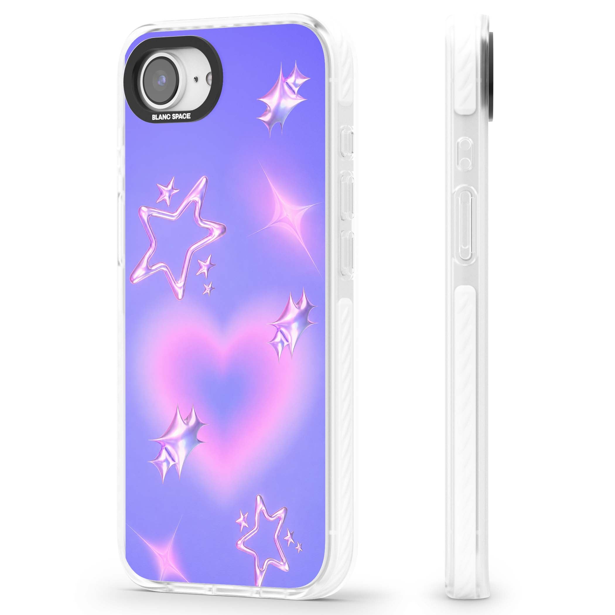Soft Sugar Y2K iPhone case featuring iridescent chrome hearts, metallic pink stars and a lavender gradient sky | Impact Magsafe case for iPhone 16e, iPhone 17e