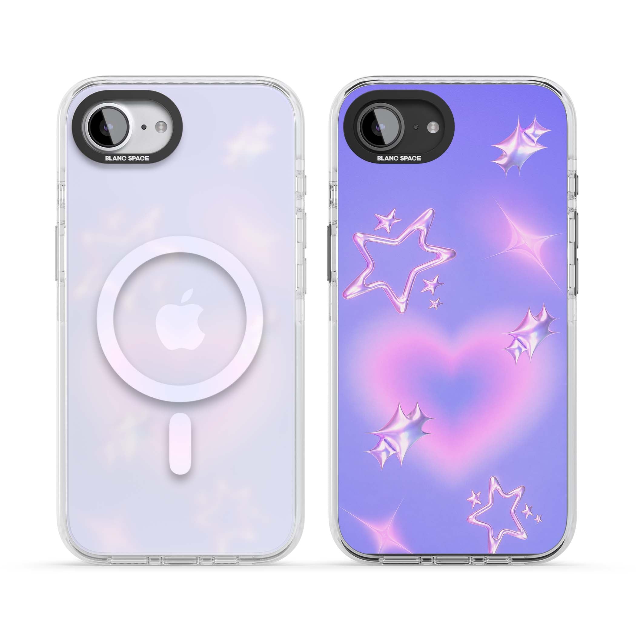 Soft Sugar Y2K iPhone case featuring iridescent chrome hearts, metallic pink stars and a lavender gradient sky | Impact Magsafe case for iPhone 16e, iPhone 17e