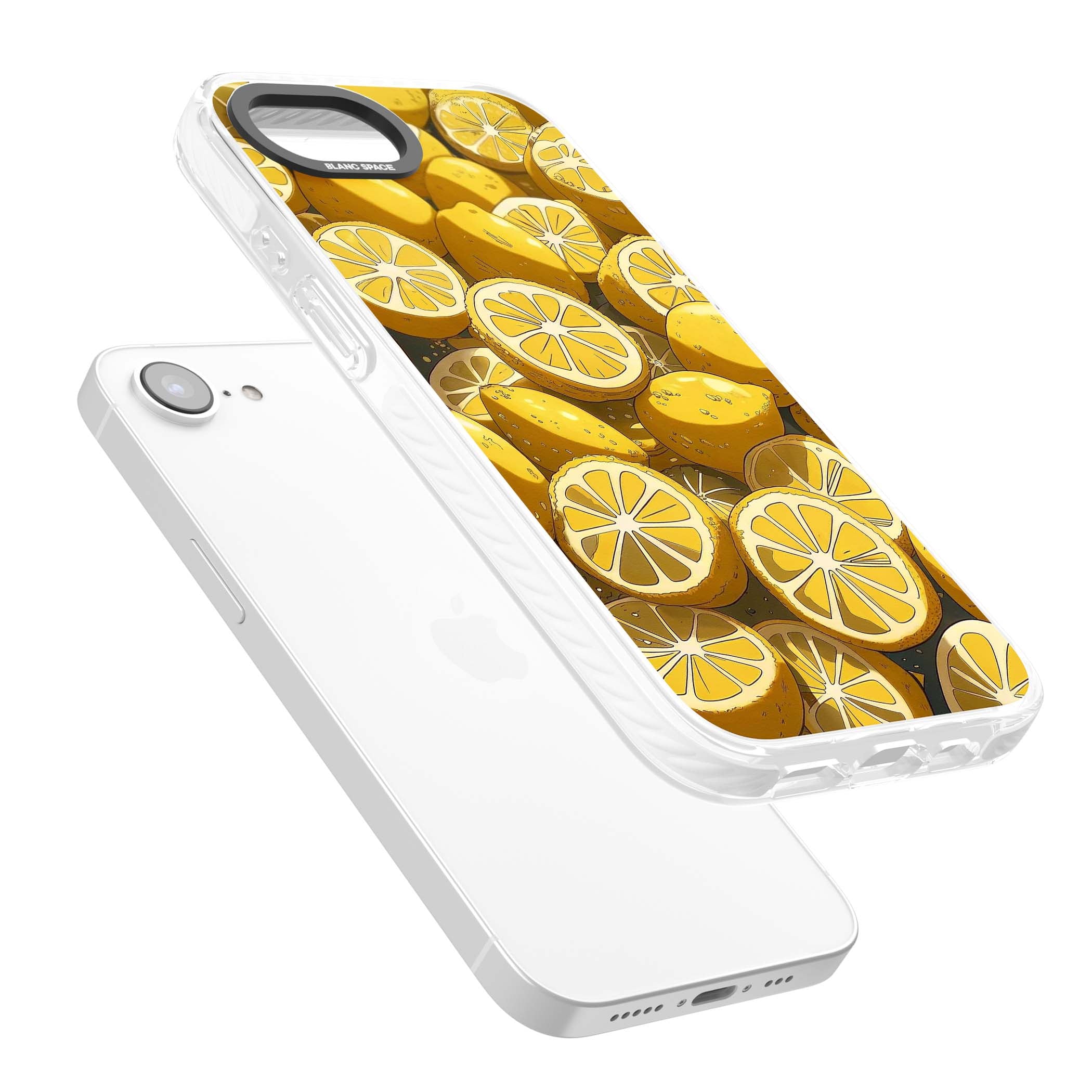 Zesty coastal iPhone case featuring illustrated Mediterranean lemons and citrus slices in golden yellow | Impact Magsafe case for iPhone 16e, iPhone 17e