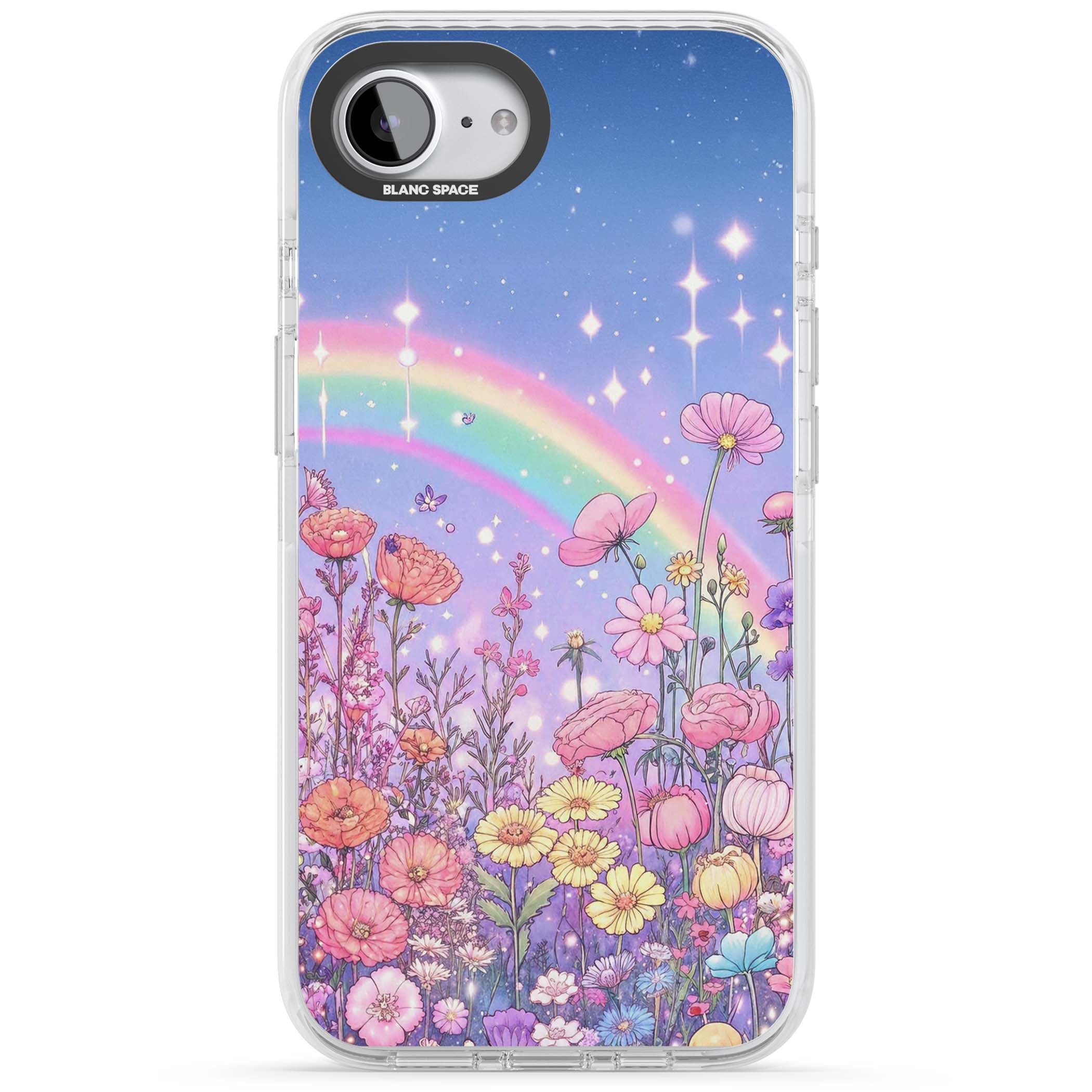 Magical Meadow fairycore iPhone case featuring a pastel rainbow, sparkling stars and a wildflower meadow | Clear Impact case for iPhone 16e, iPhone 17e