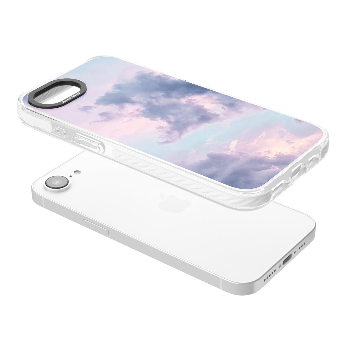 Lavender Clouds iPhone 16e / iPhone 17e Impact Clear Phone Case angled