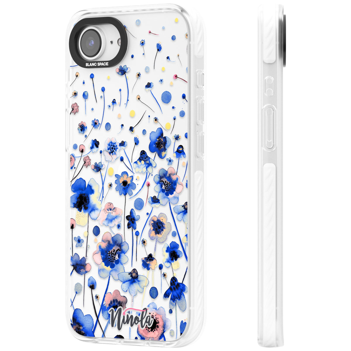 Ink Flowers Blue iPhone 16e / iPhone 17e Impact Clear Phone Case side