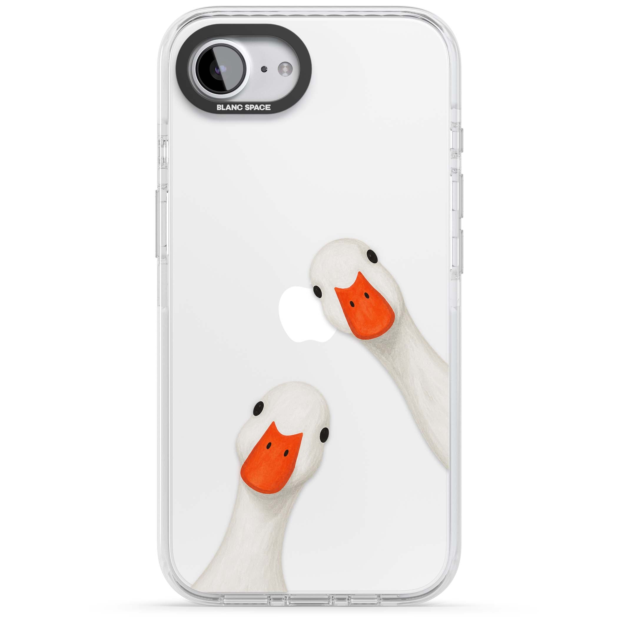 Nosy Ducks cottagecore iPhone case featuring two peeking white ducks with orange beaks on a clear background | Clear Impact case for iPhone 16e, iPhone 17e