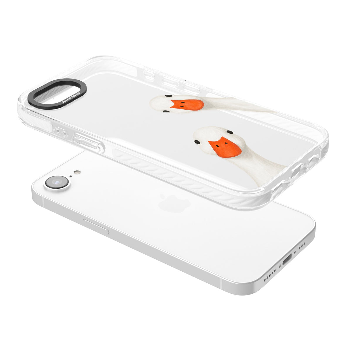 Nosy Ducks iPhone 16e / iPhone 17e Impact Clear Phone Case angled