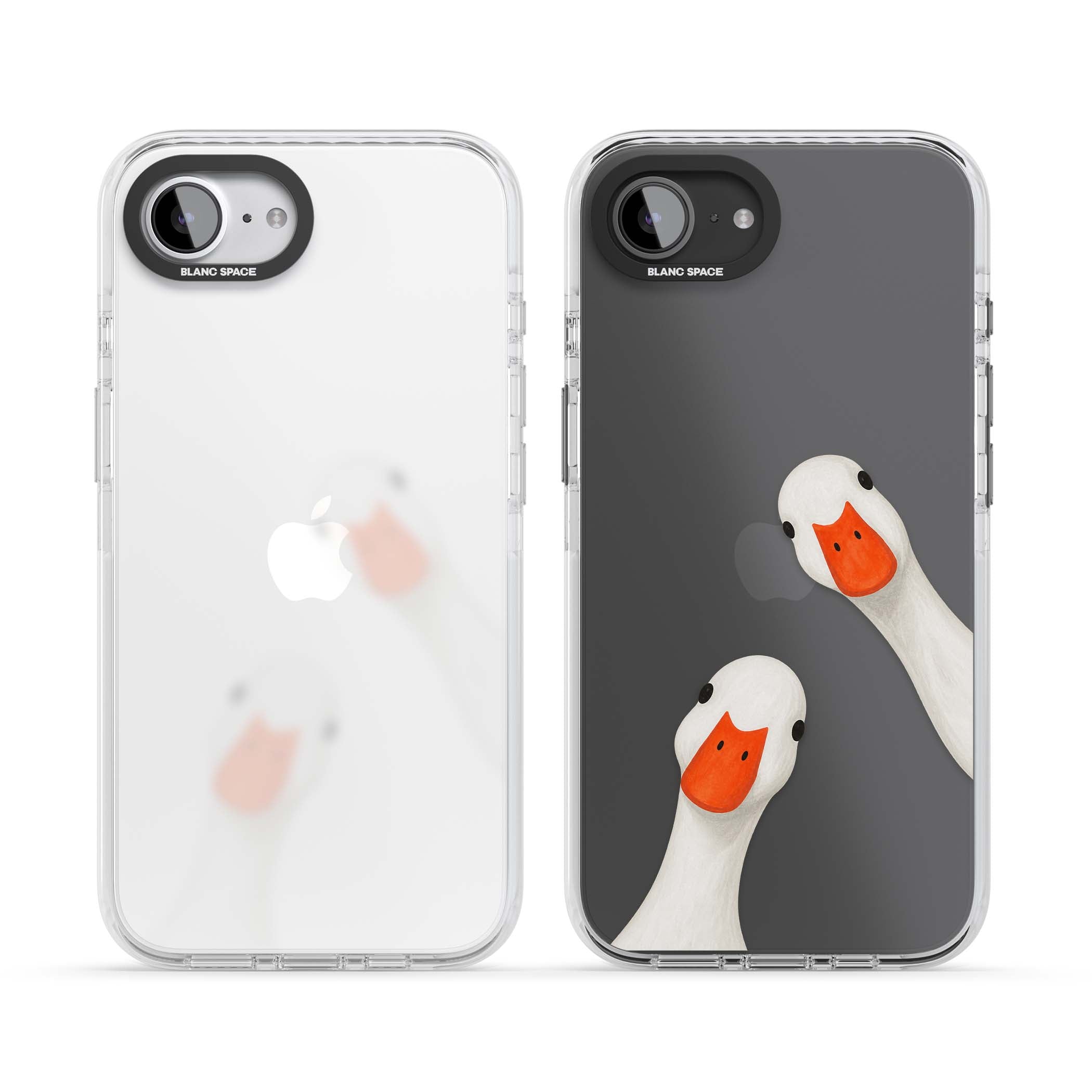 Nosy Ducks cottagecore iPhone case featuring two peeking white ducks with orange beaks on a clear background | Clear Impact case for iPhone 16e, iPhone 17e