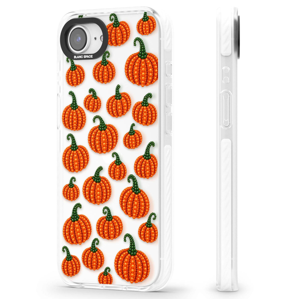 Beaded Pumpkins halloween iPhone case featuring beaded orange pumpkins with green stems on a clear background | Clear Impact case for iPhone 16e, iPhone 17e