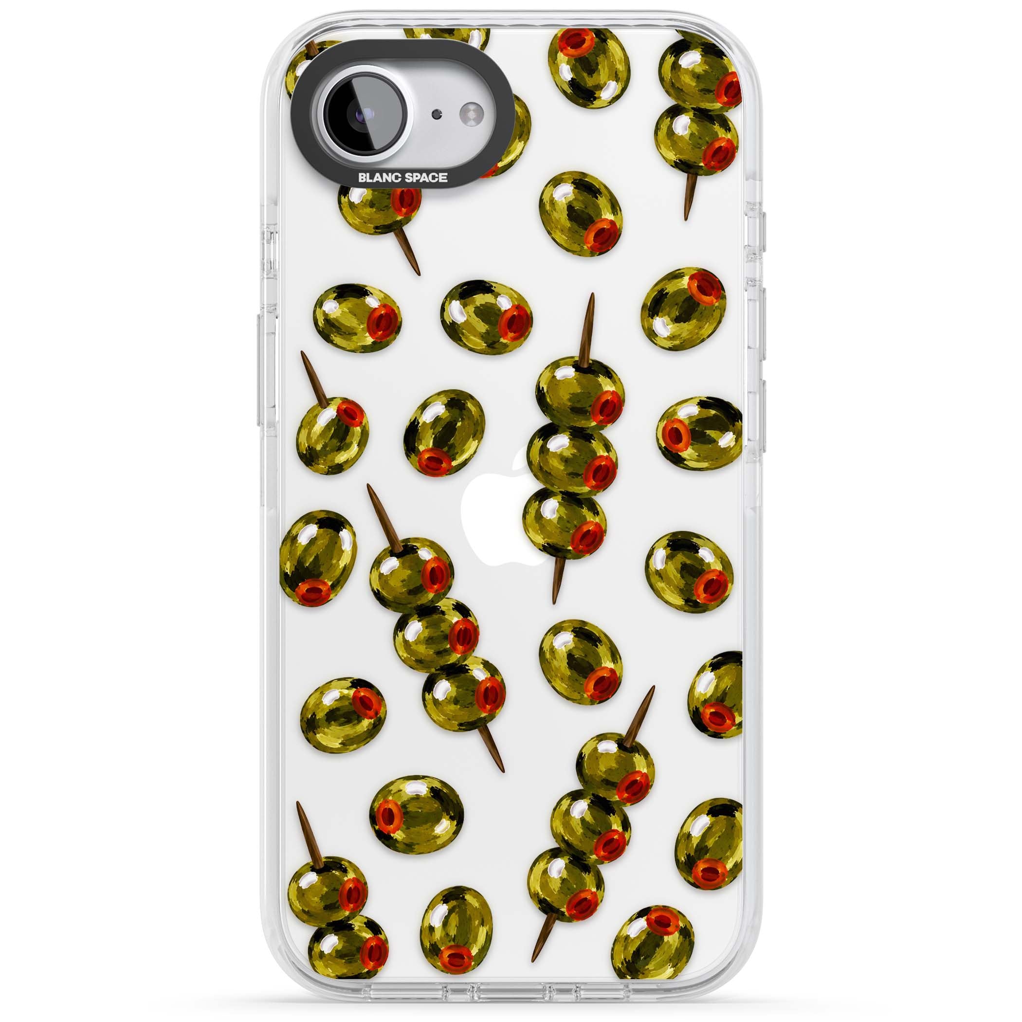 Painted Olives cocktail iPhone case featuring green olives, pimento centres and toothpick skewers on a clear background | Clear Impact case for iPhone 16e, iPhone 17e