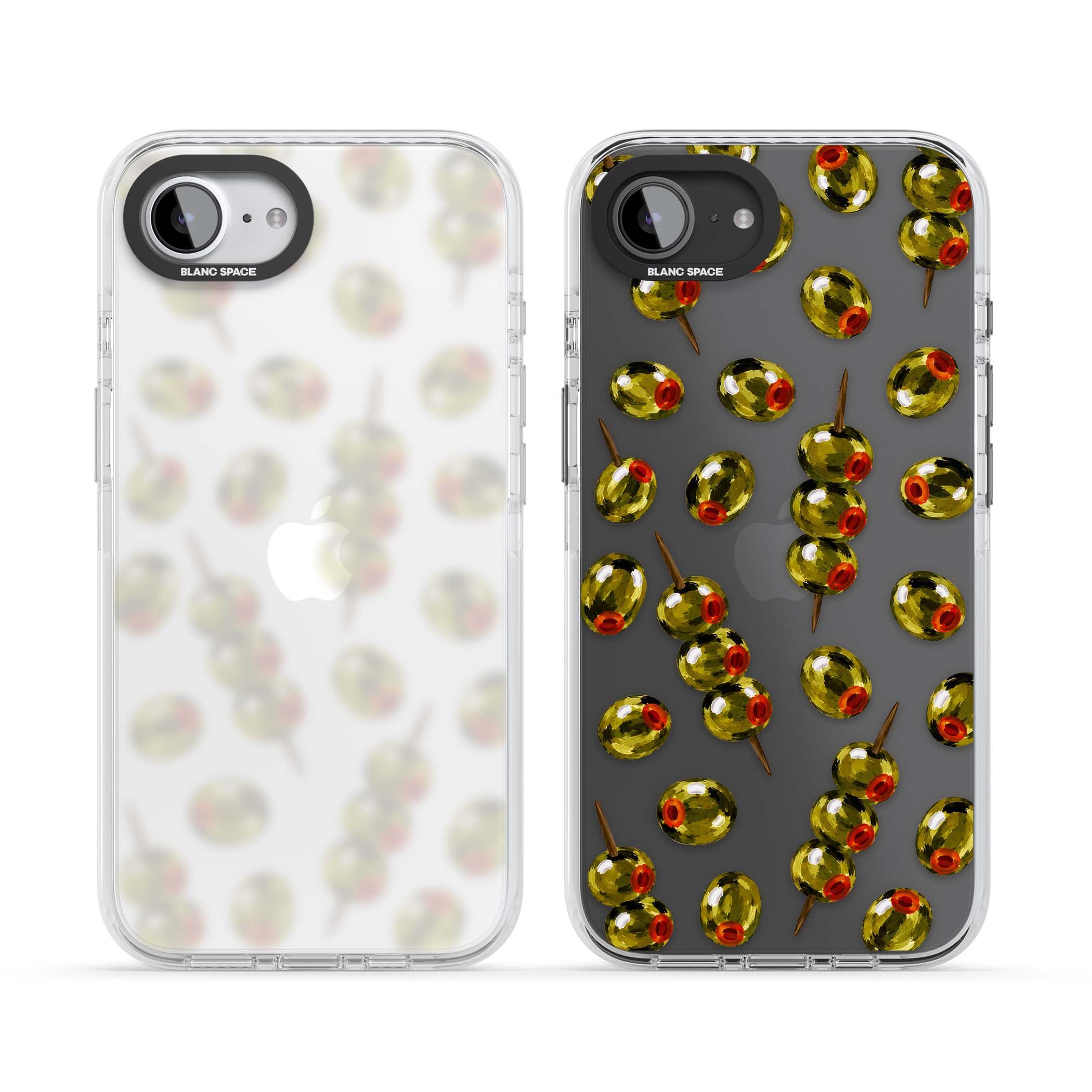 Painted Olives cocktail iPhone case featuring green olives, pimento centres and toothpick skewers on a clear background | Clear Impact case for iPhone 16e, iPhone 17e