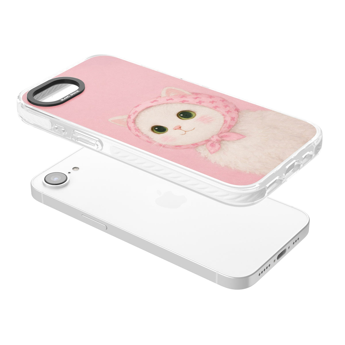 Baby Blush Kitty iPhone 16e / iPhone 17e Impact Clear Phone Case angled