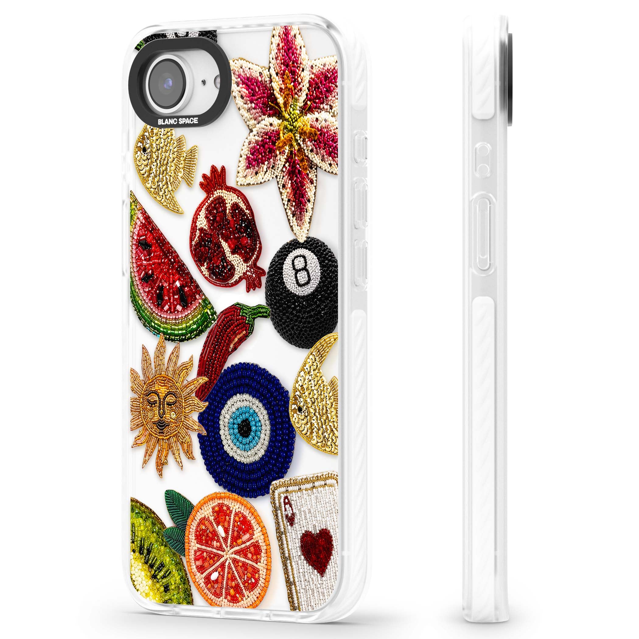 Beaded Charms embroidery iPhone case featuring beaded evil eye, fruit patches and a golden sun motif | Clear Impact case for iPhone 16e, iPhone 17e