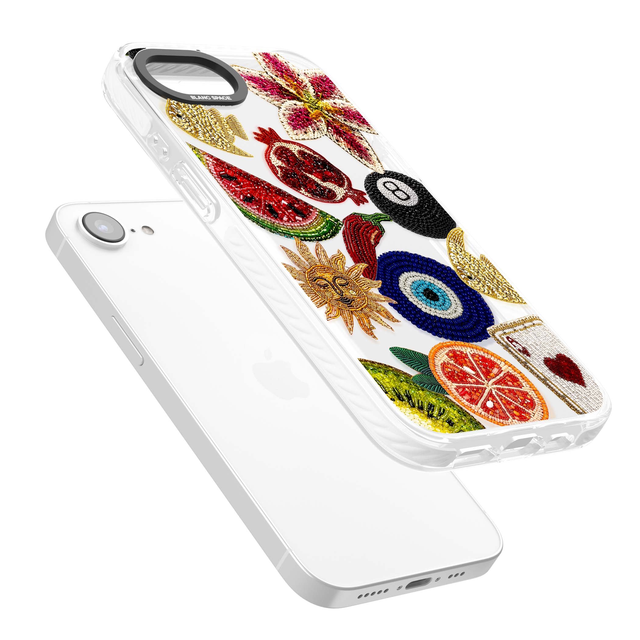 Beaded Charms embroidery iPhone case featuring beaded evil eye, fruit patches and a golden sun motif | Clear Impact case for iPhone 16e, iPhone 17e