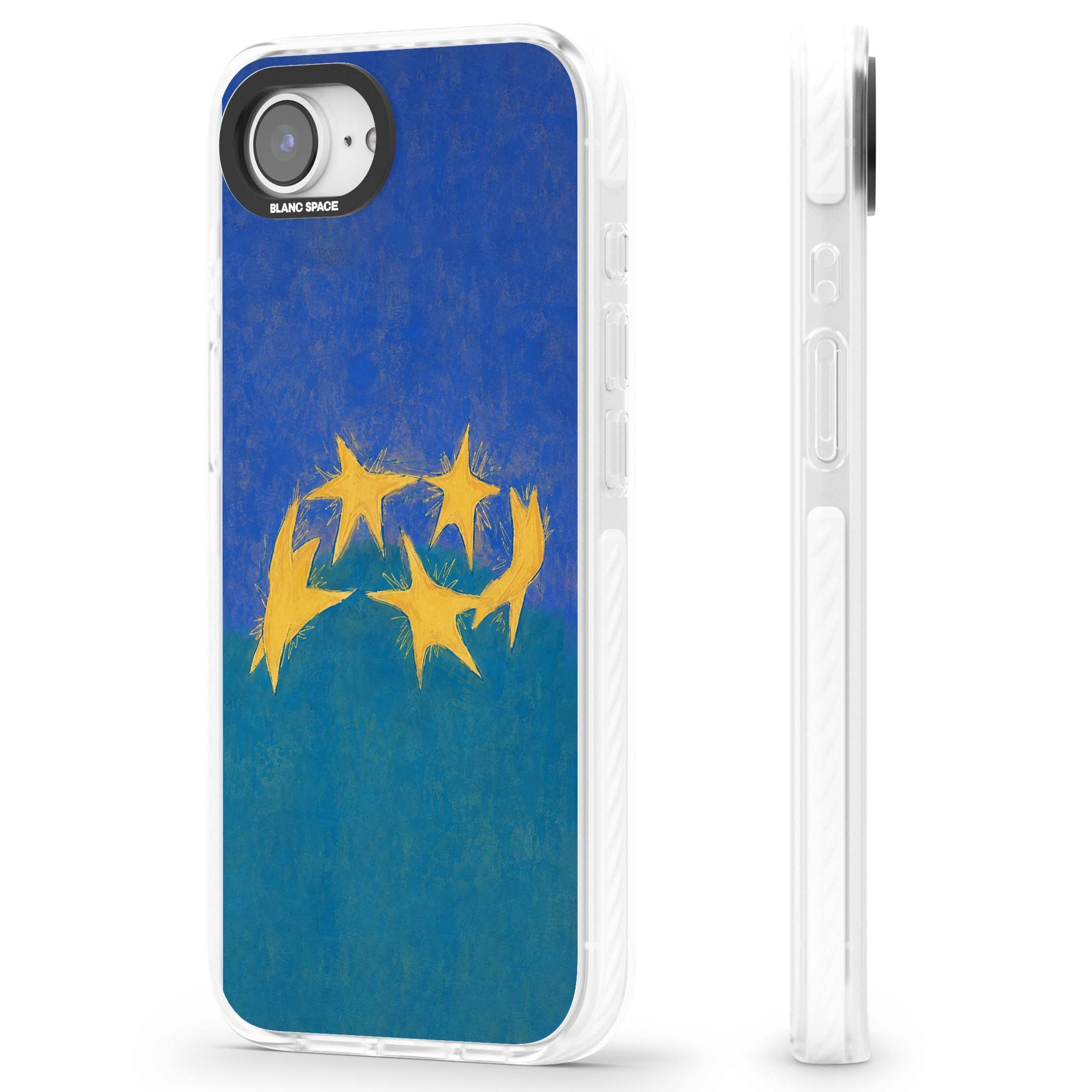 Star Boogie stars aesthetic iPhone case featuring five yellow hand-painted stars on cobalt blue and teal | Clear Impact case for iPhone 16e, iPhone 17e