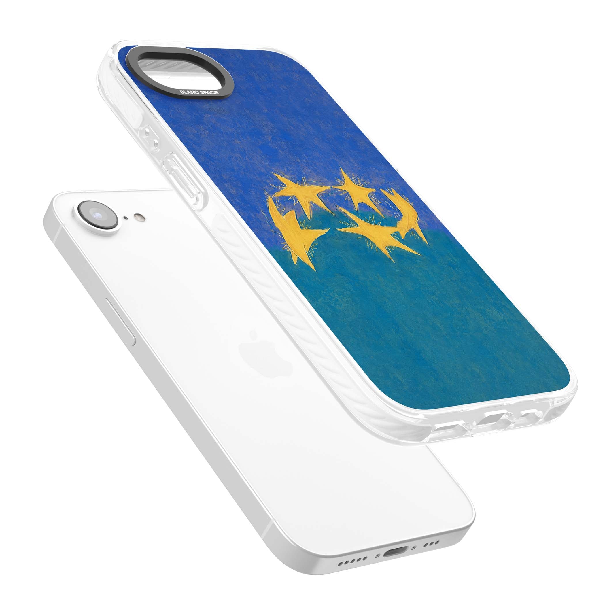 Star Boogie stars aesthetic iPhone case featuring five yellow hand-painted stars on cobalt blue and teal | Clear Impact case for iPhone 16e, iPhone 17e