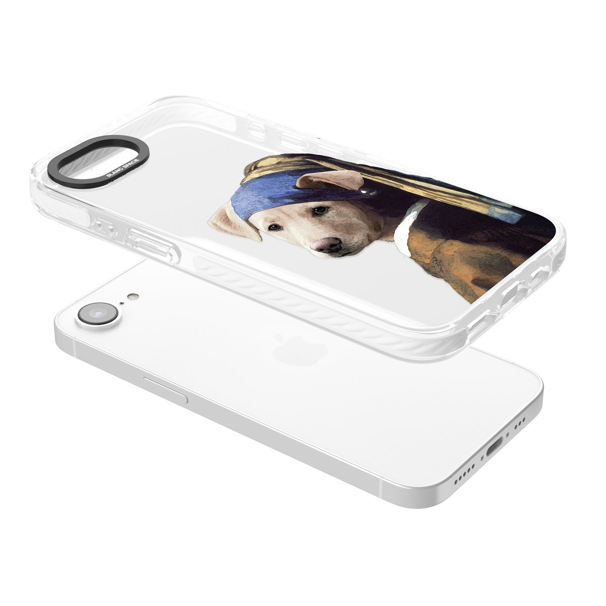 Doggo With A Pearl Earring iPhone 16e / iPhone 17e Impact Clear Phone Case angled