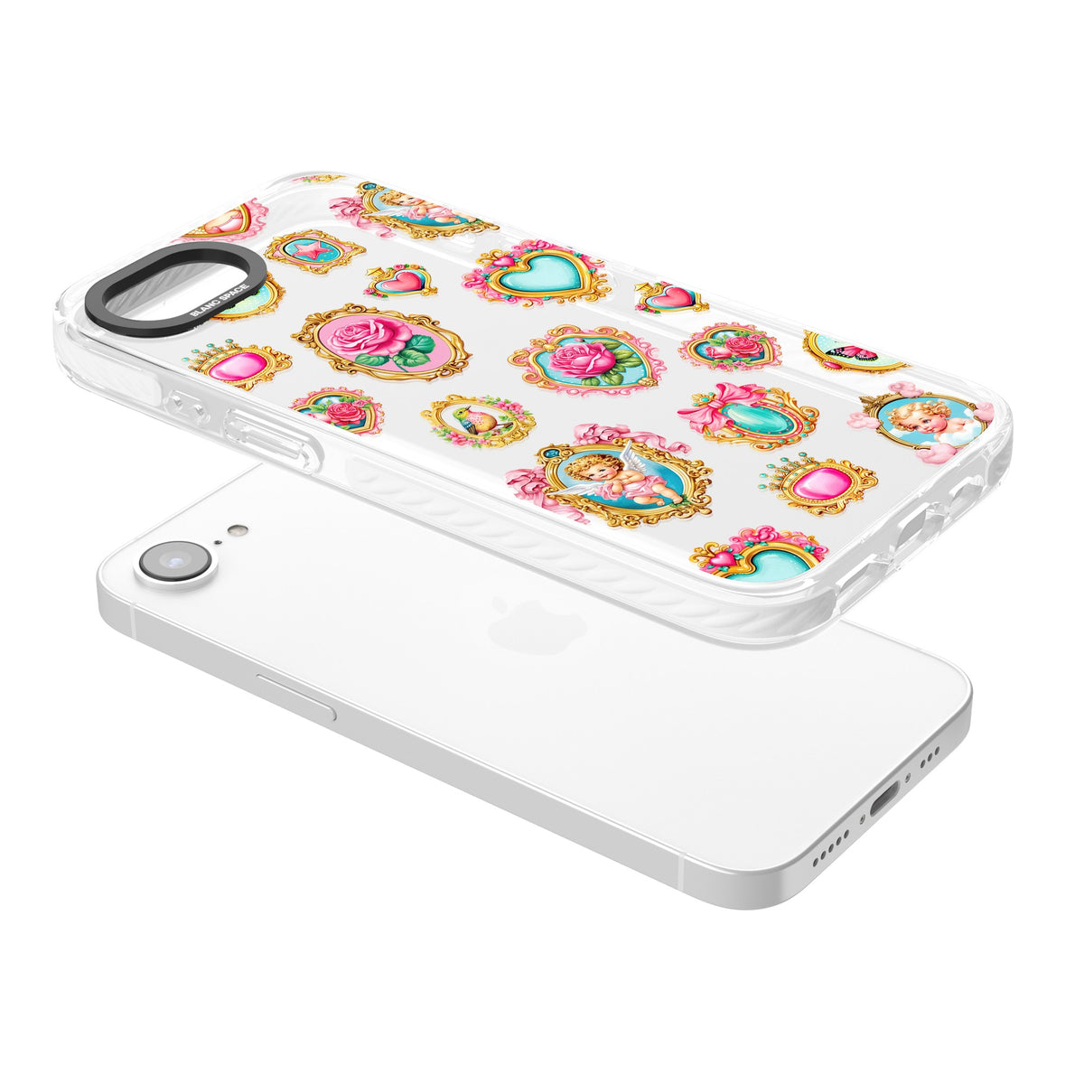 Angelcore Hearts Frames iPhone 16e / iPhone 17e Impact Clear Phone Case angled