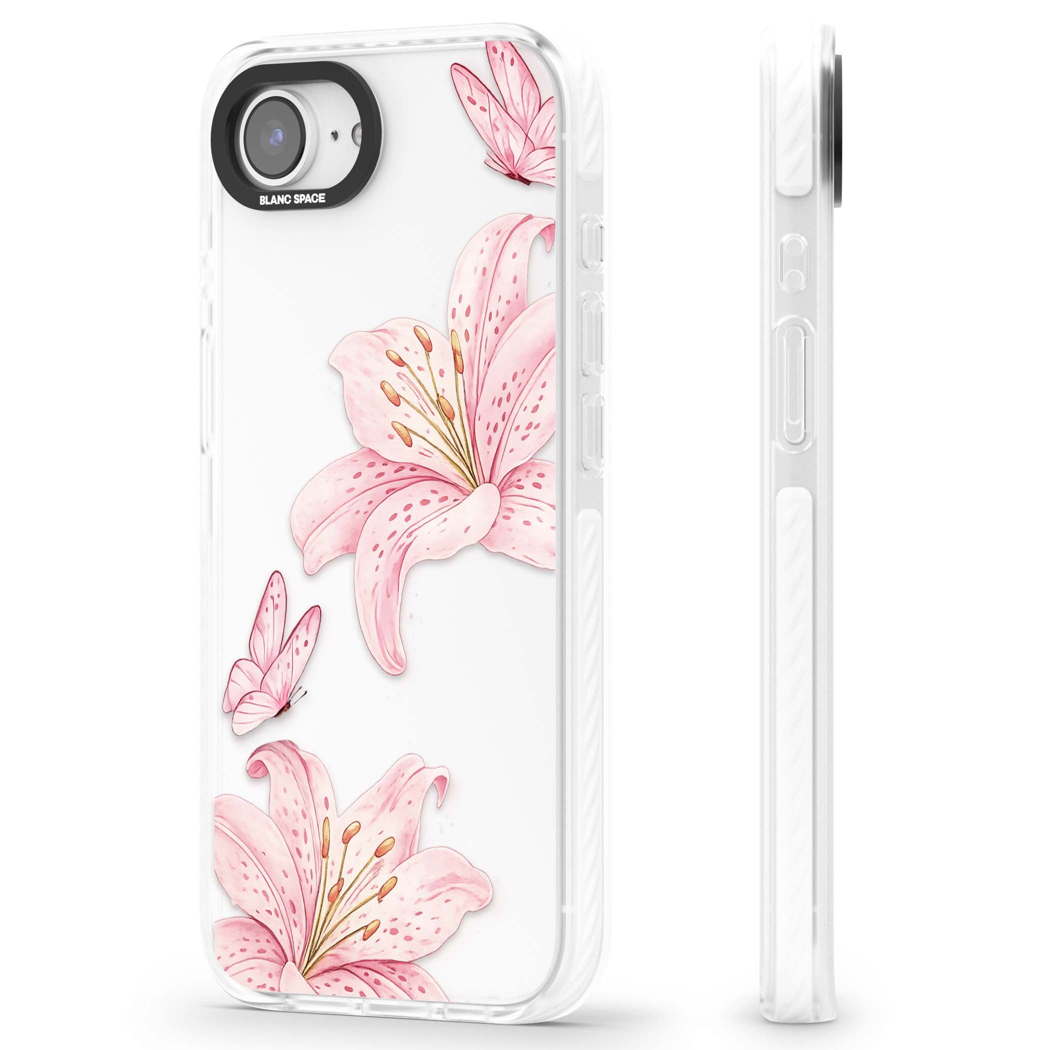 Lily Whisper floral iPhone case featuring pink watercolour lilies and delicate butterflies on a clear background | Clear Impact case for iPhone 16e, iPhone 17e